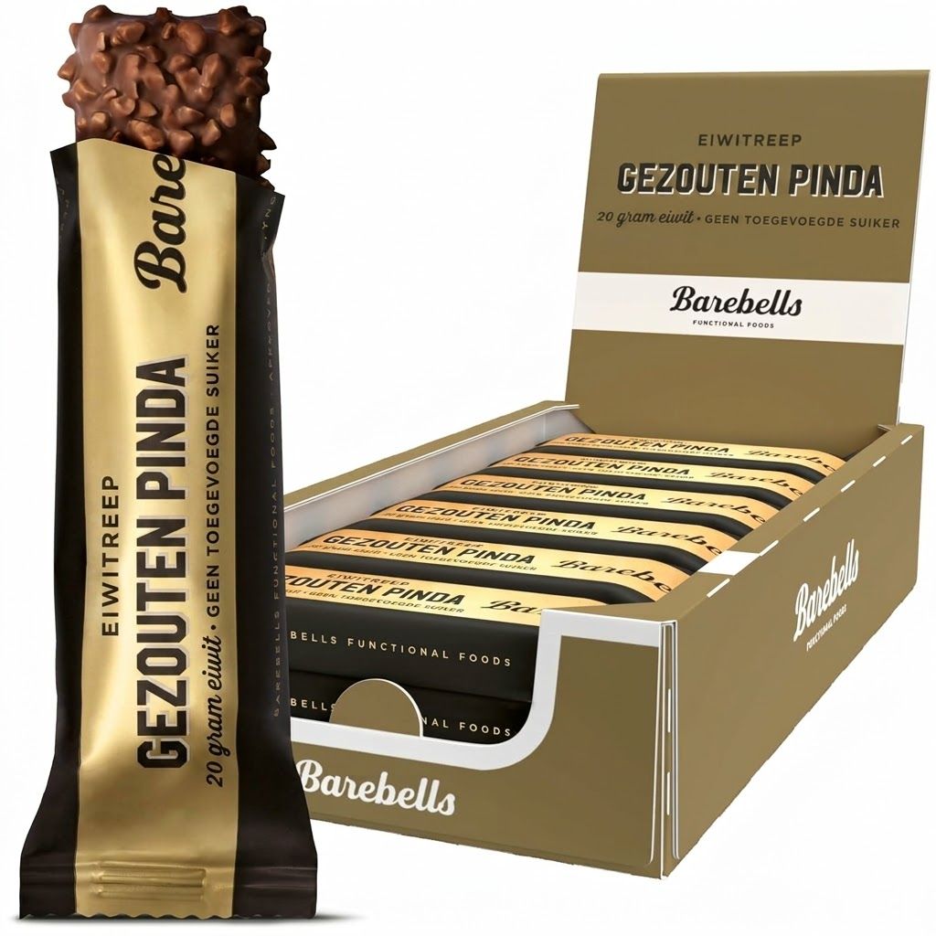 Barebells Eiweißriegel "Gezouten Pinda" in Gold-Schwarz-Verpackung, daneben eine geöffnete Box mit Riegeln.