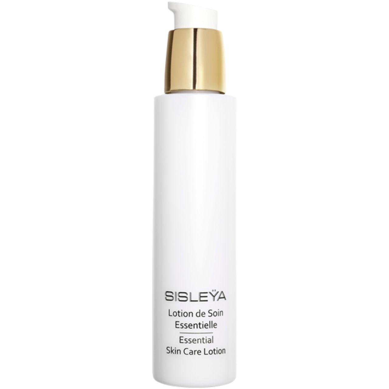 Weiße Flasche mit goldfarbenem Pumpkopf. Aufschrift: Sisleya, Lotion de Soin Essentielle, Essential Skin Care Lotion.