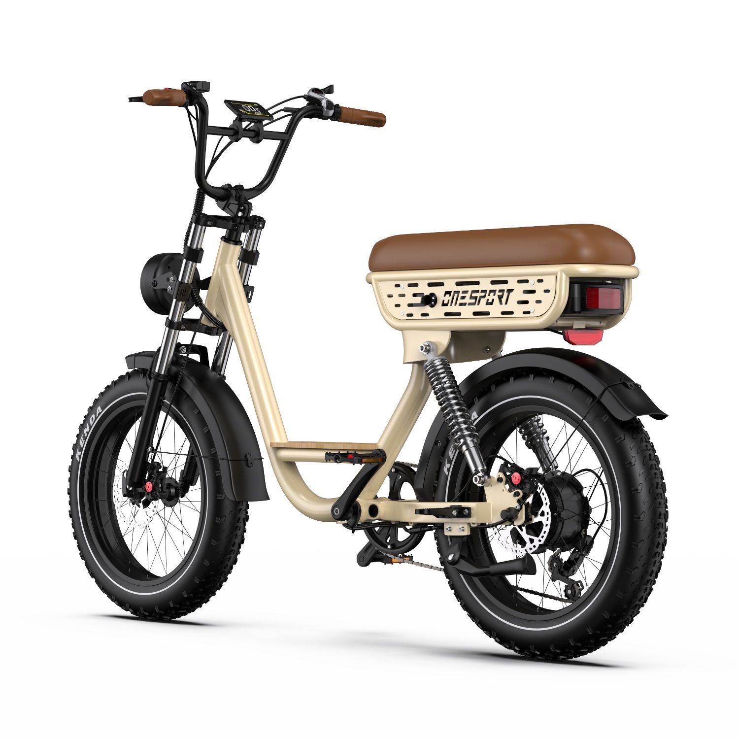 Elektrofahrrad, beige mit braunem Sattel. Schwarze Reifen, Kotflügel und Lenker. Rückansicht. Marke: ONESPORT.