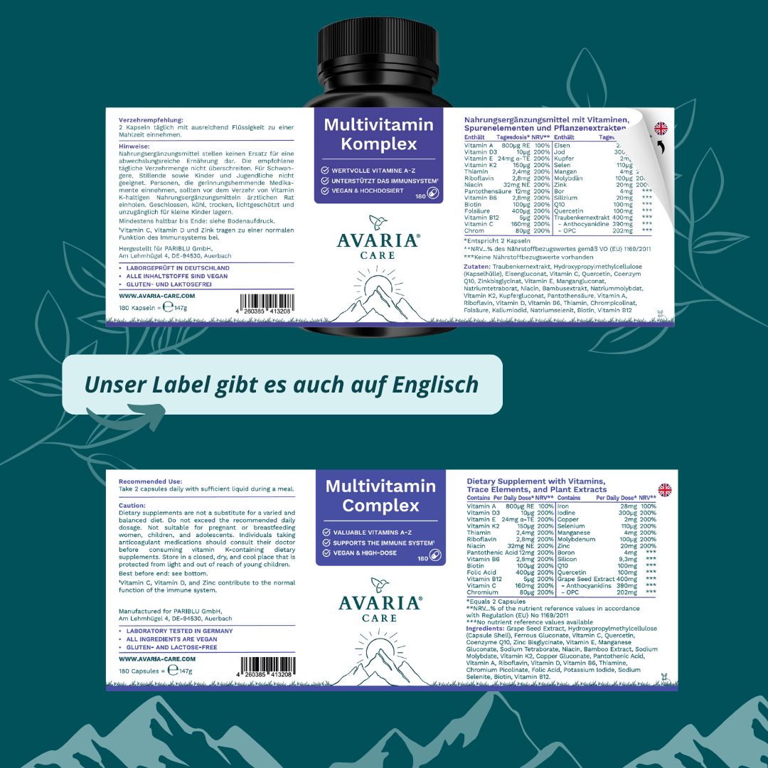 Produktflasche mit Text: Multivitamin Komplex, AVARIA CARE. Etikett mit Inhaltsstoffen und Nährwertangaben, auch auf Englisch.