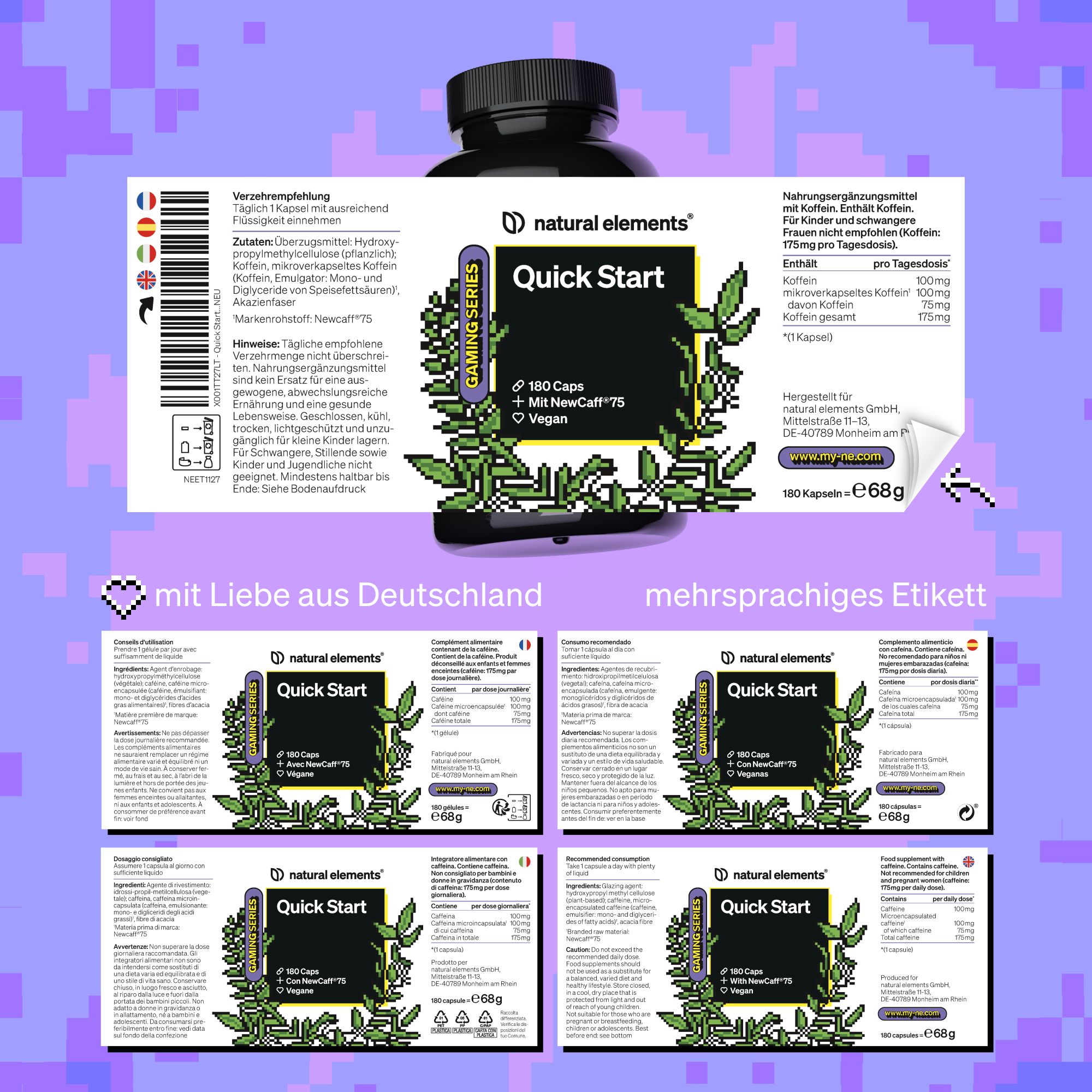 Etikett mit Text: natural elements Quick Start, 180 Kapseln, NewCaff®75, Vegan. Mehrsprachiges Etikett. Mit Liebe aus Deutschland.