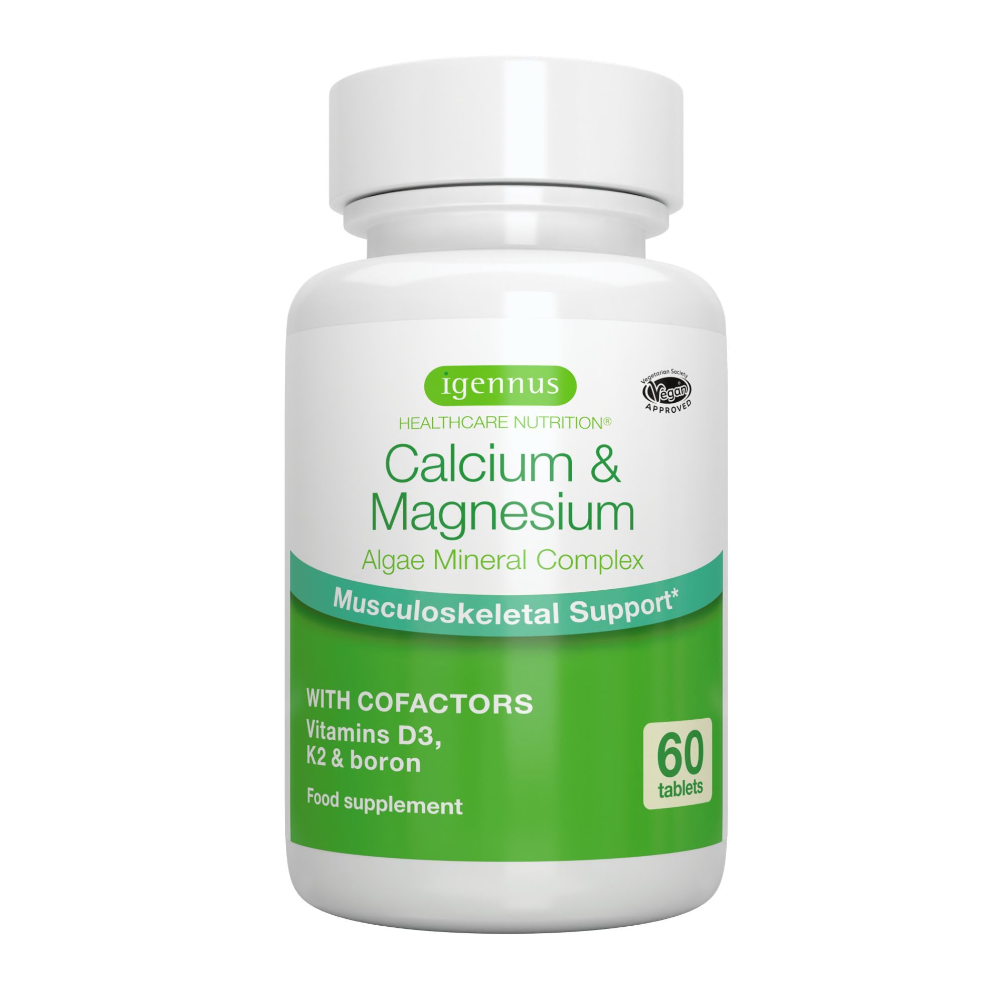 Flasche Igennus Calcium & Magnesium, Algen Mineral Komplex, 60 Tabletten, mit Siegel.
