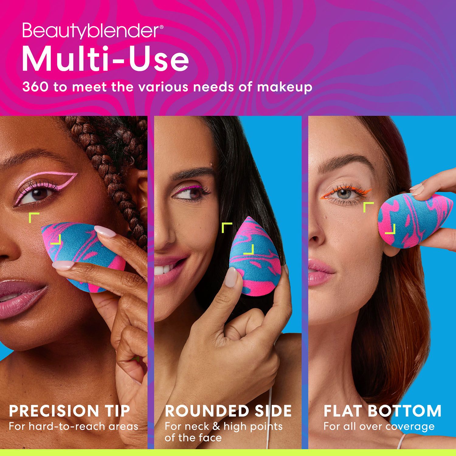 Drei Frauen mit Beautyblender Pool Party. Präzise Spitze, abgerundete Seite, flache Unterseite. Text: Multi-Use.