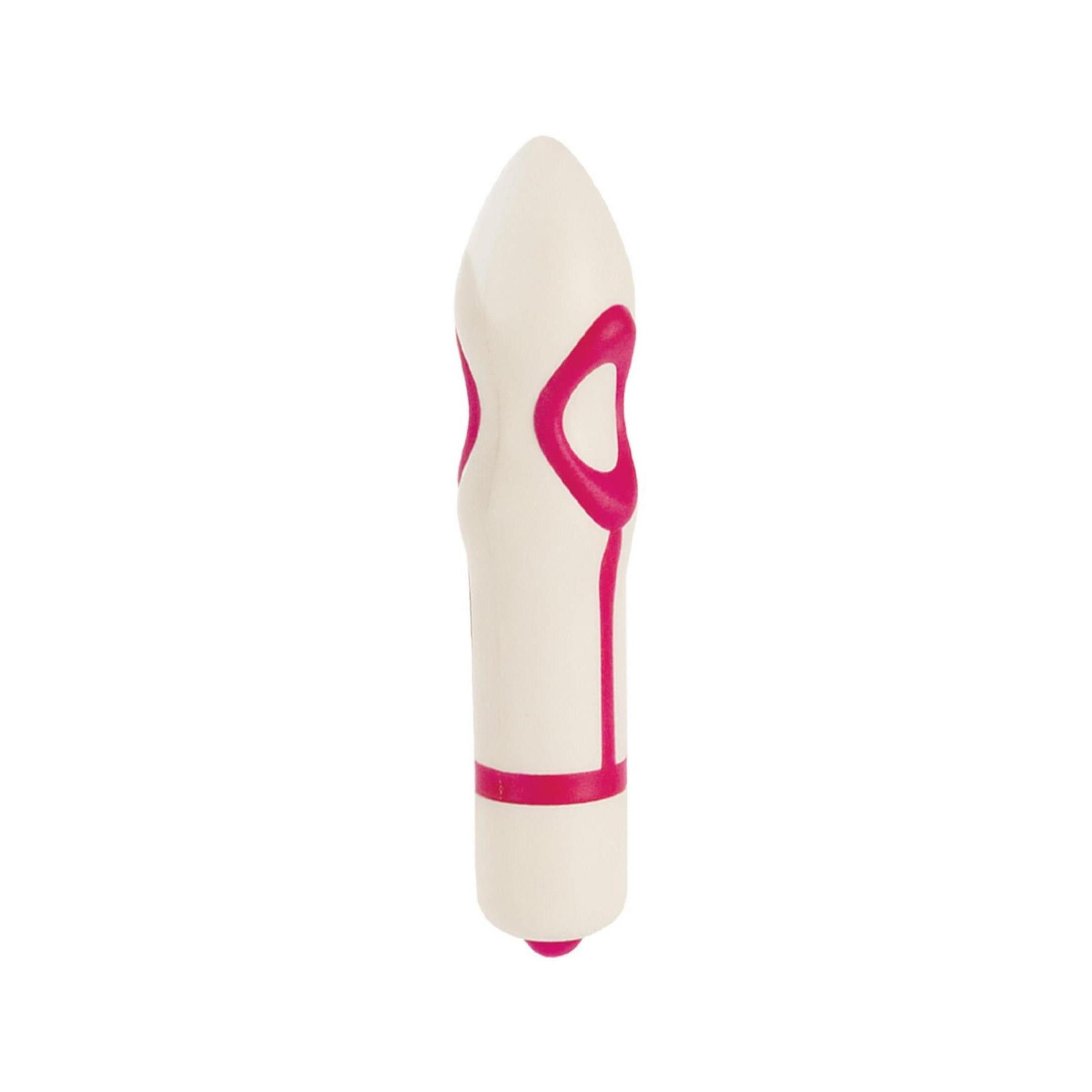 Weißer Massager mit rosa Akzenten. Kegelförmiger Kopf. Zylindrischer Körper. Rosa Details.