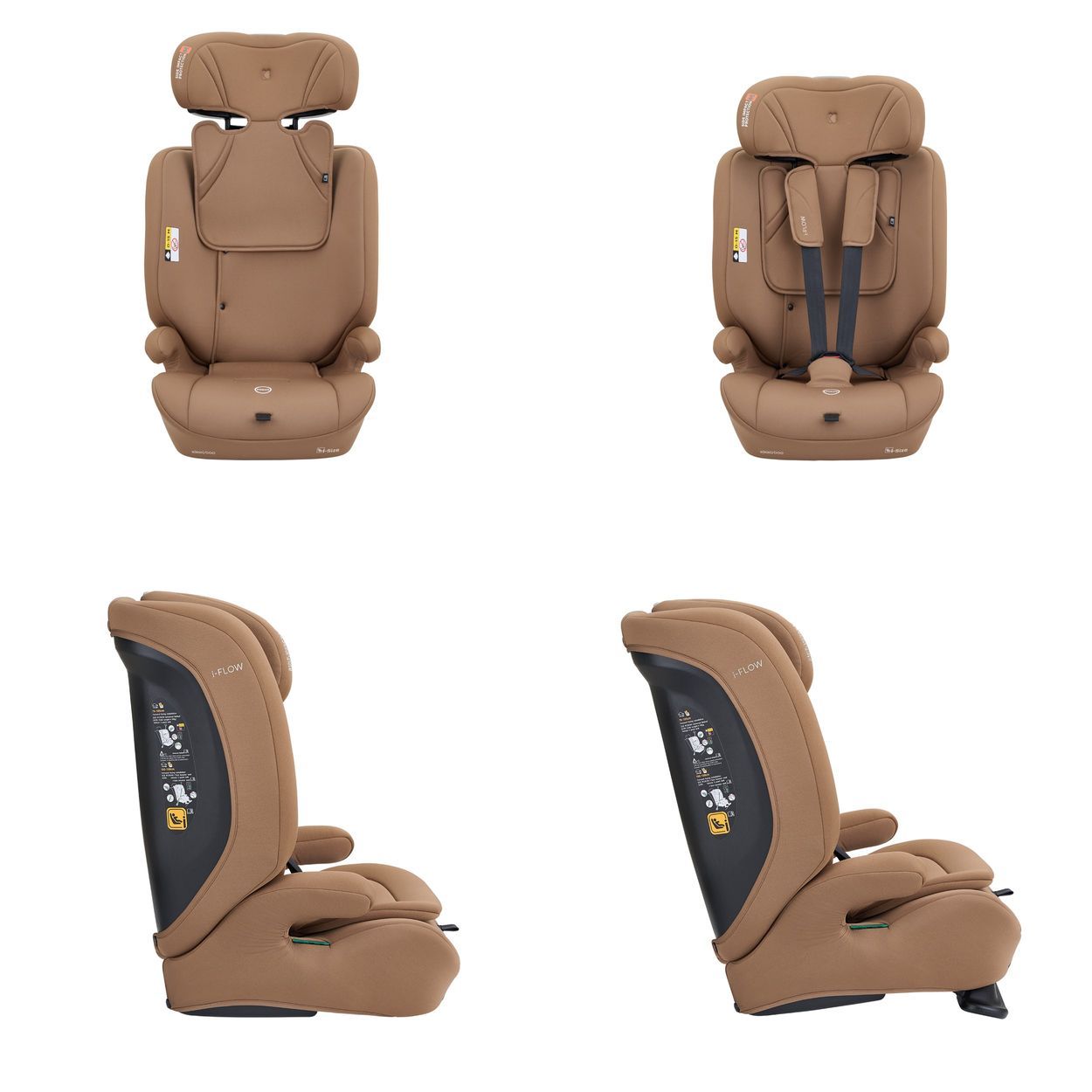 Grauer Kindersitz mit schwarzer Basis, drehbar, mit Isofix-Haken, schräge Vorderansicht.