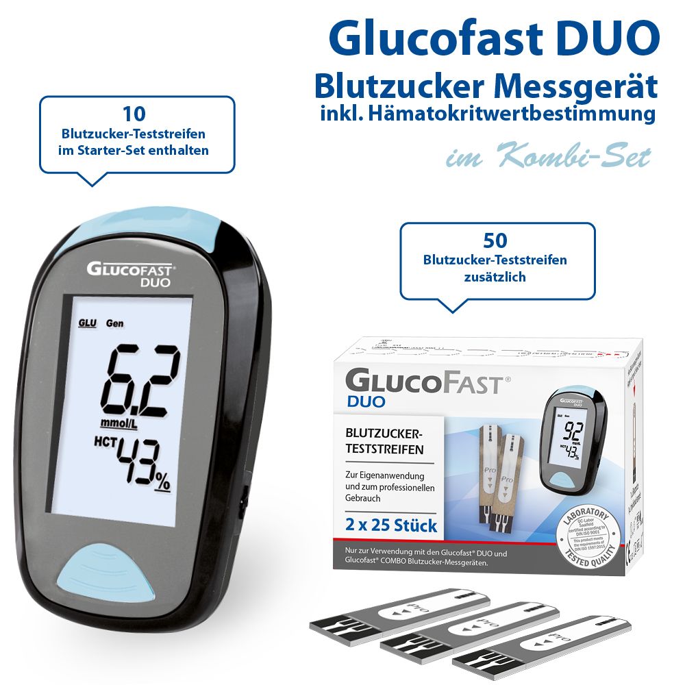Blutzuckermessgerät mit Displayanzeige. Packung Teststreifen und lose Teststreifen. Produktname und Text auf der Verpackung.