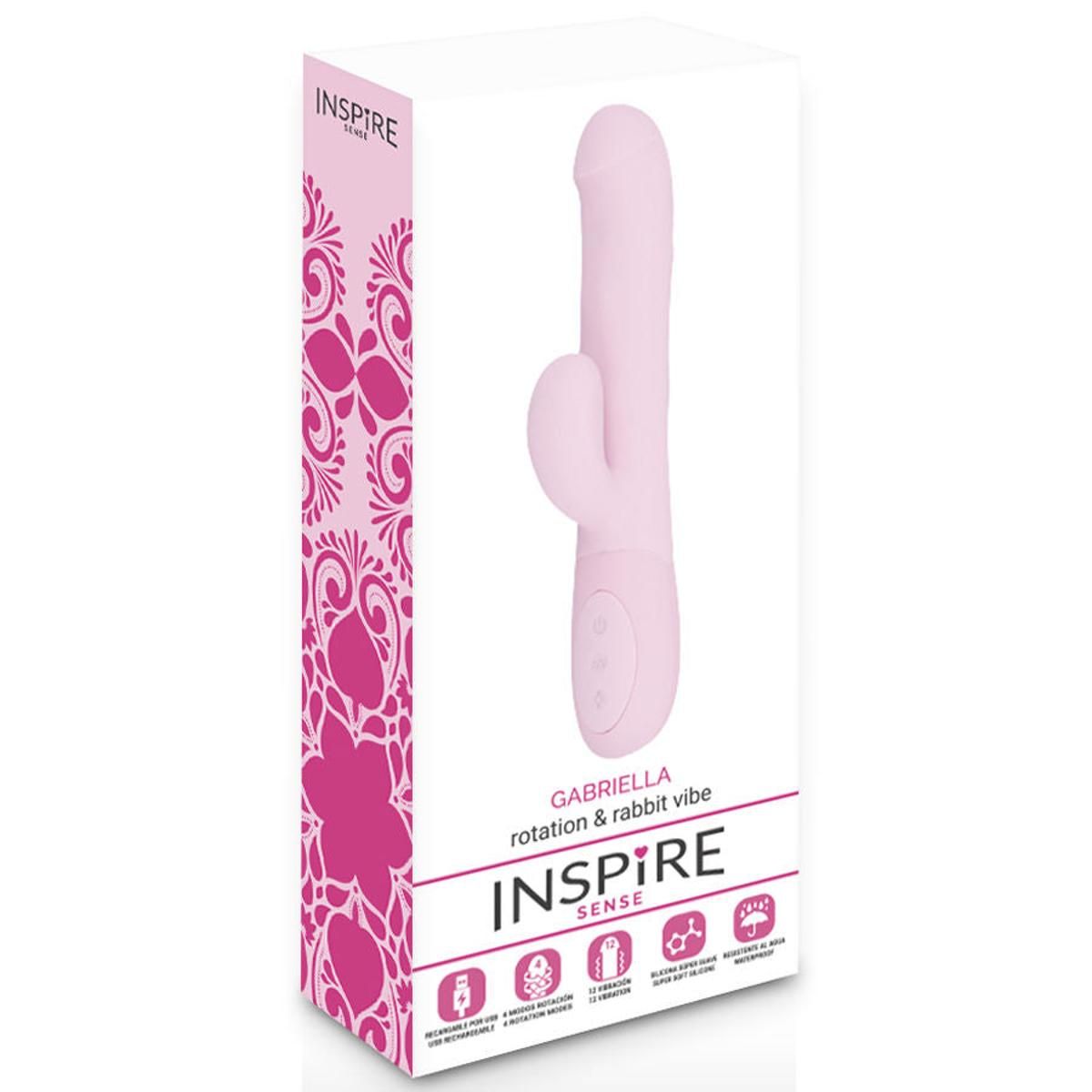 Rosa Vibrator in weißer Verpackung. Aufschrift: "Gabriella rotation & rabbit vibe" und "INSPIRE".