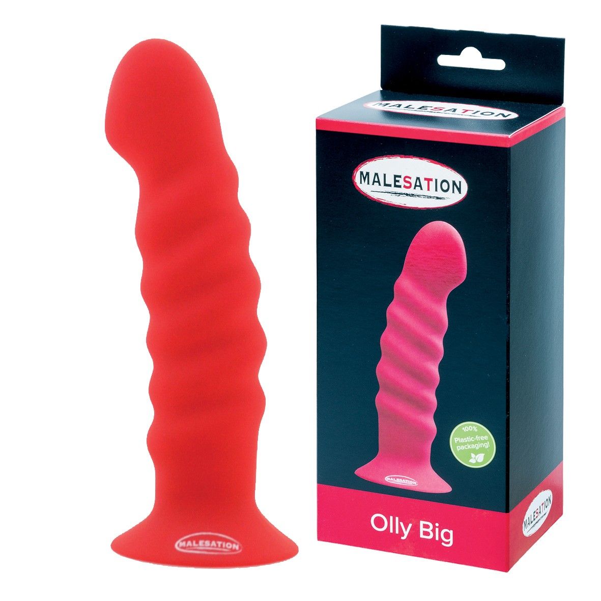 Roter Dildo mit geriffelter Oberfläche und breitem Sockel. MALESATION-Logo auf dem Sockel. Verpackung mit Produktabbildung und Schriftzug "Olly Big".