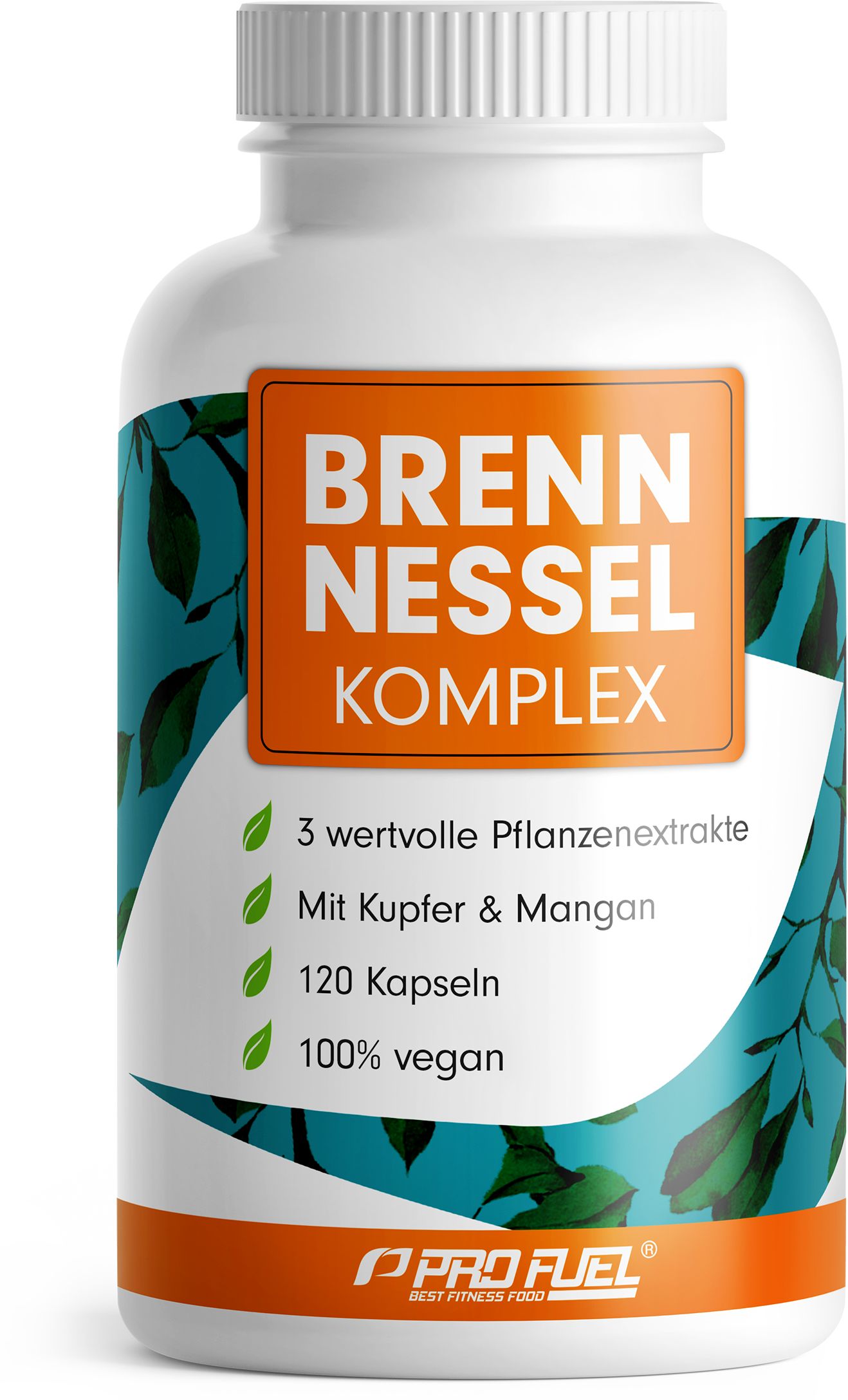 Weiße Flasche mit orangefarbenem Etikett. Aufschrift: Brennessel Komplex, 120 Kapseln, 100% vegan. Logo: ProFuel.