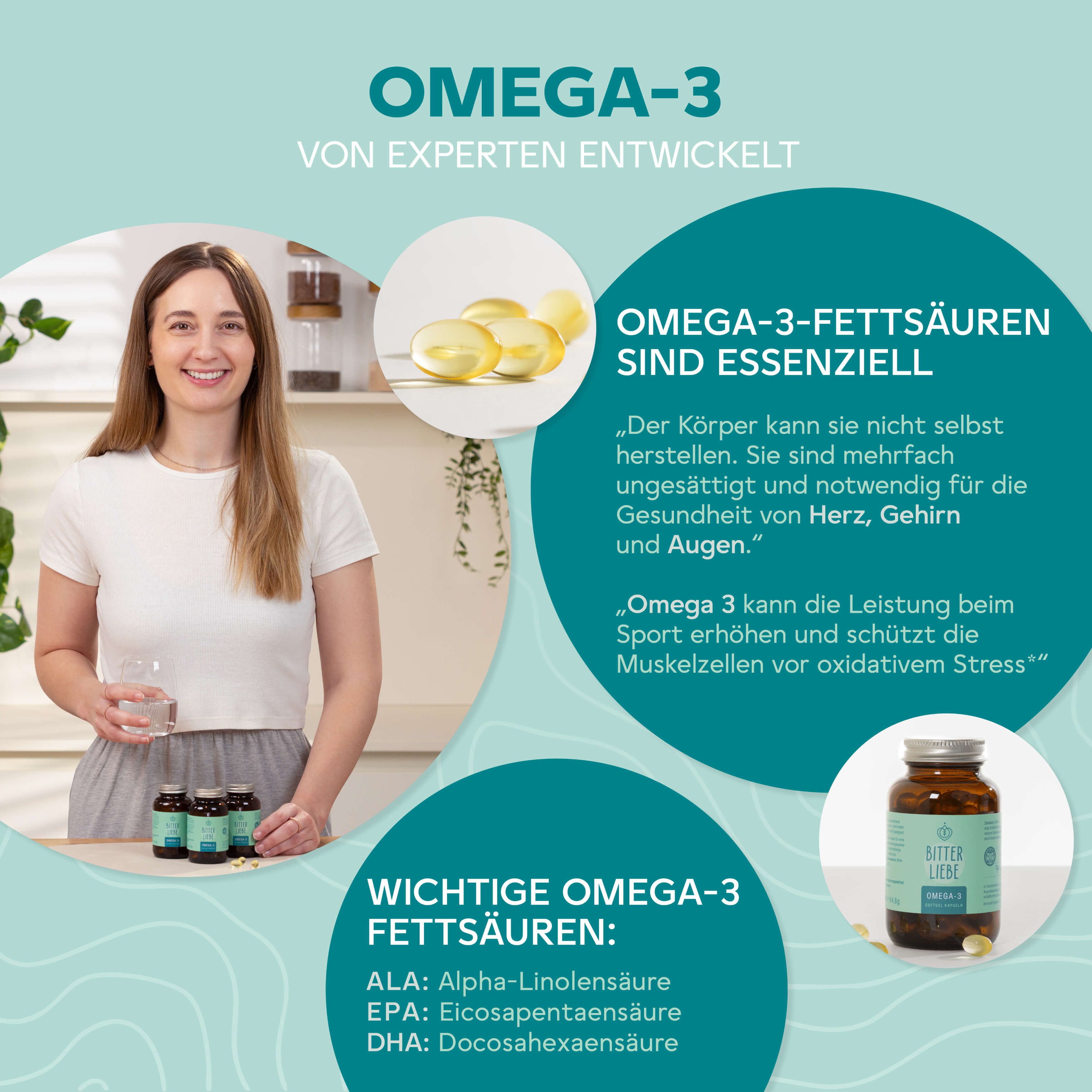 Frau mit Glas Wasser und Flaschen. Text: "Omega-3 von Experten entwickelt". Text über Omega-3-Fettsäuren und deren Vorteile.
