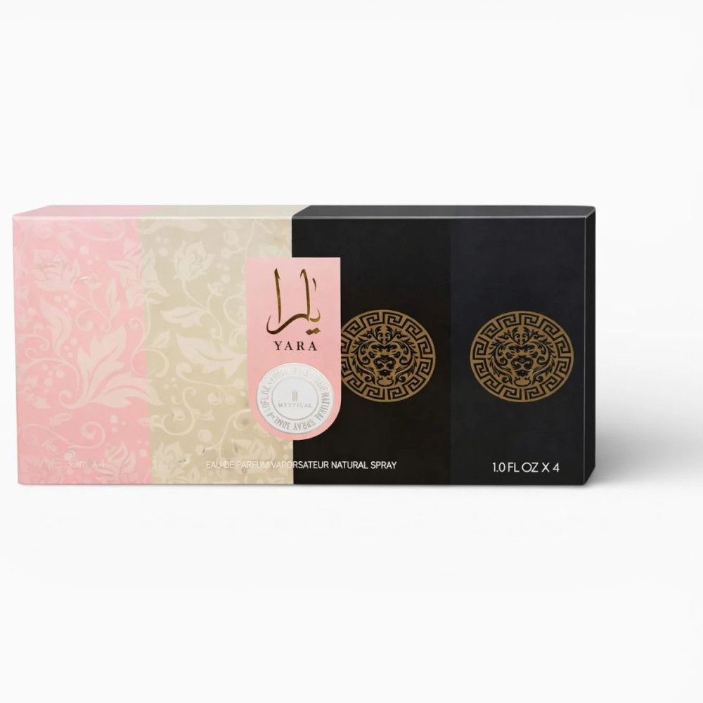 Verpackung mit vier Parfums. Rosa und schwarze Boxen mit goldenen Verzierungen und Aufschrift Yara. 1.0 FL.OZ x 4.