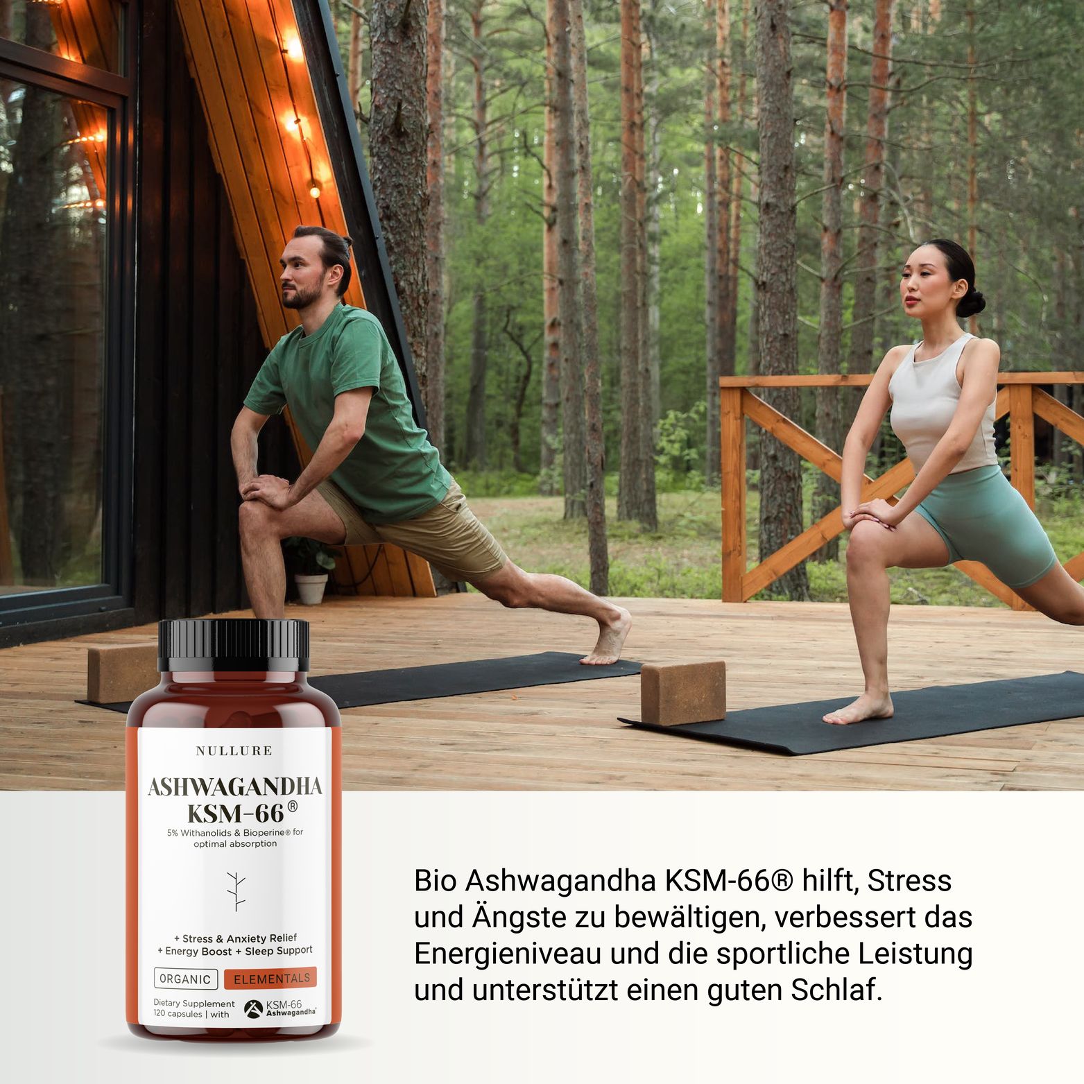Zwei Personen trainieren im Freien. Daneben eine Flasche mit Kapseln. Text: Bio Ashwagandha KSM-66 hilft bei Stress, Angst, Energie und Schlaf.