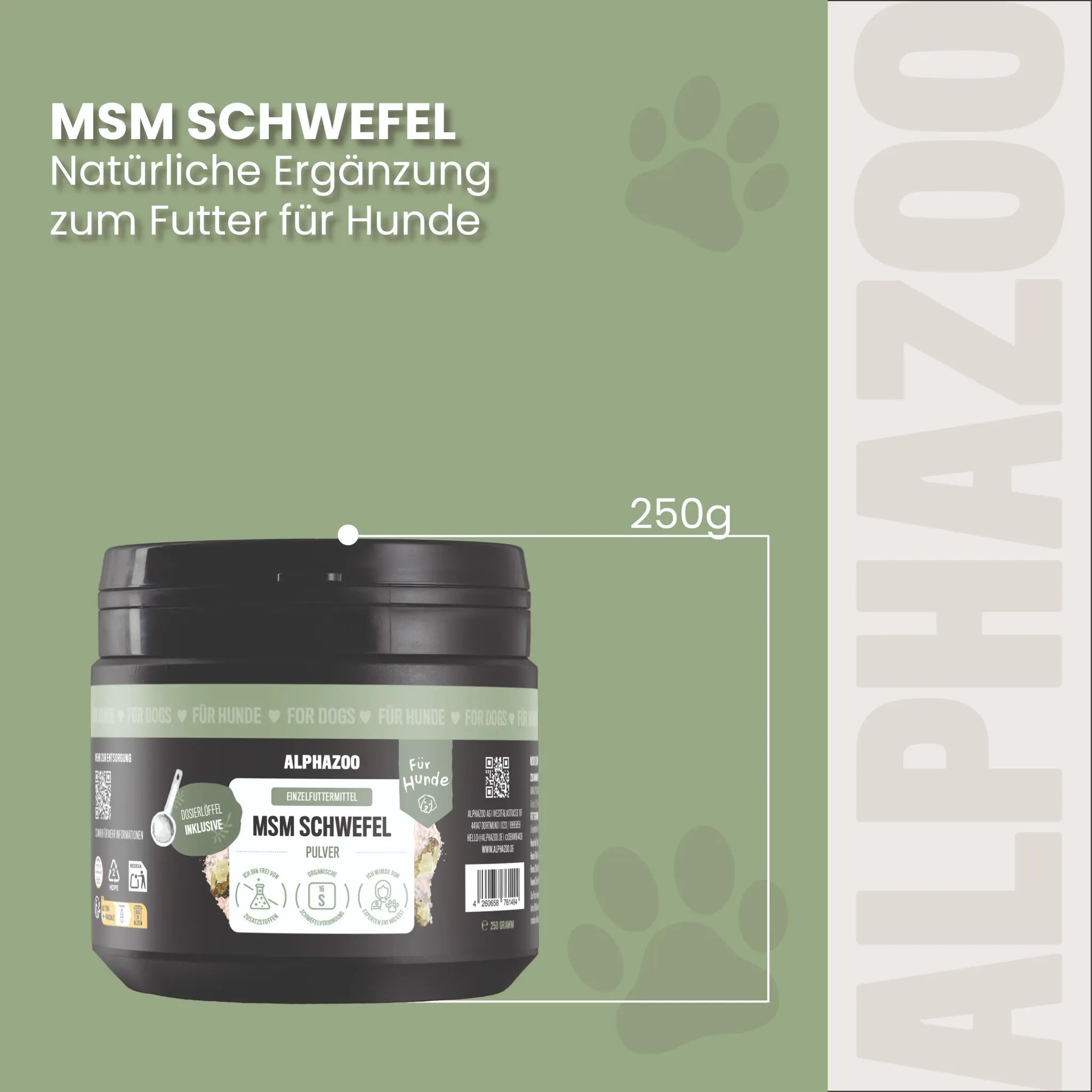 Schwarze Dose Alphazoo MSM Schwefel Pulver für Hunde, 250g.