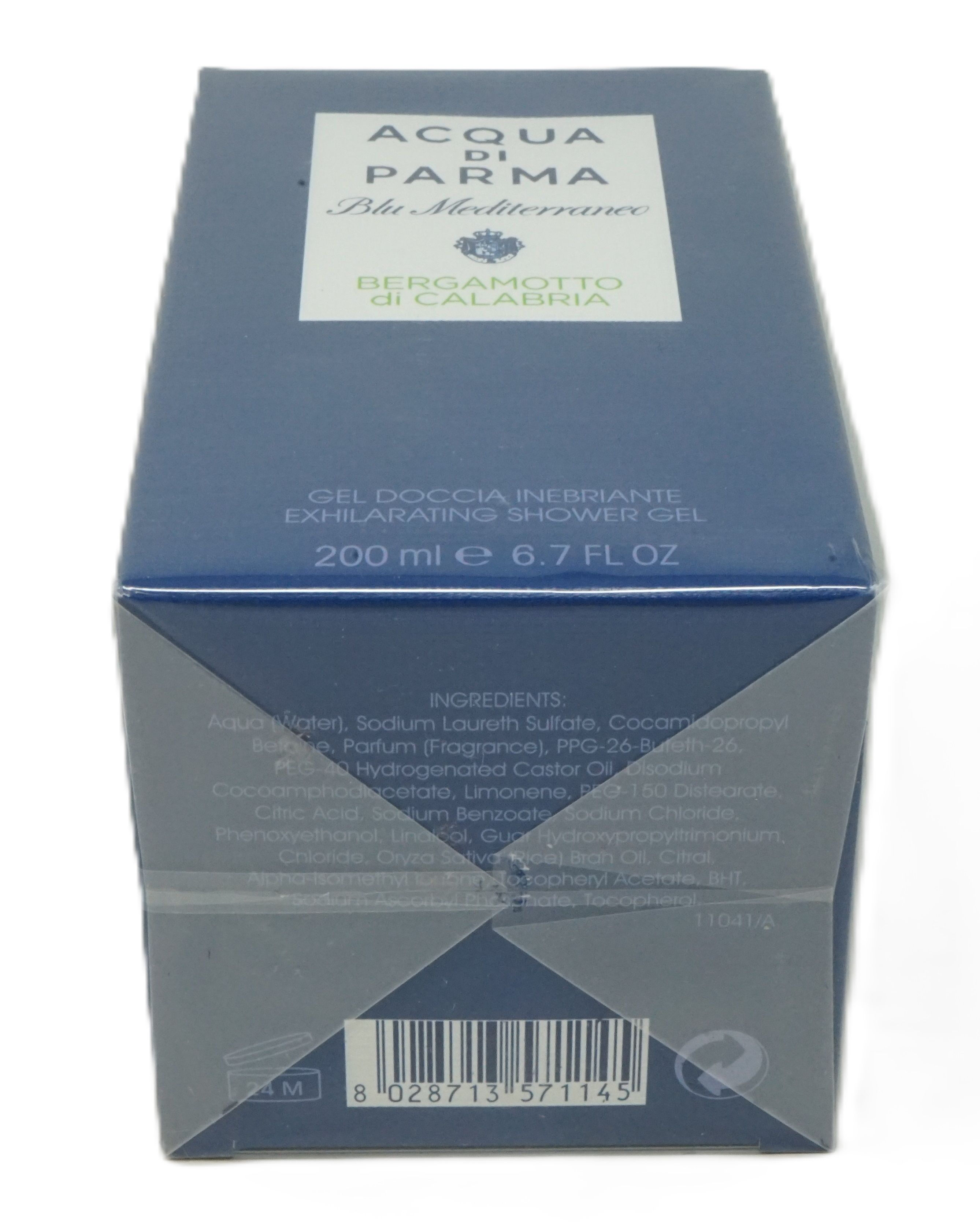 Blau verpacktes Produkt. Rückseite mit Text: Acqua di Parma, Blu Mediterraneo, Bergamotto di Calabria. Inhaltsstoffe und Barcode.