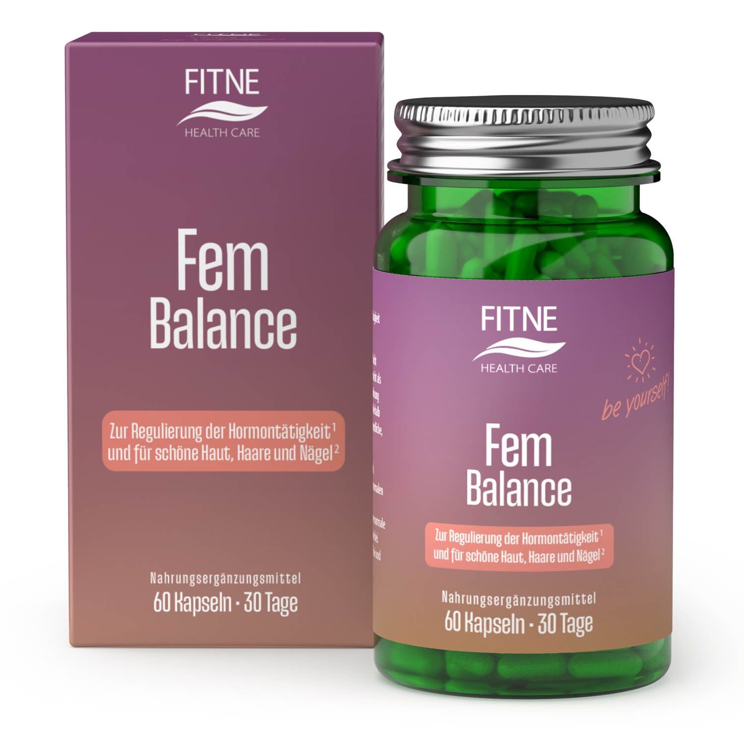 FITNE Fem Balance Kapseln, Dose und Schachtel. Text: Fem Balance, 60 Kapseln, 30 Tage. Zur Regulierung der Hormontätigkeit und für schöne Haut, Haare und Nägel.
