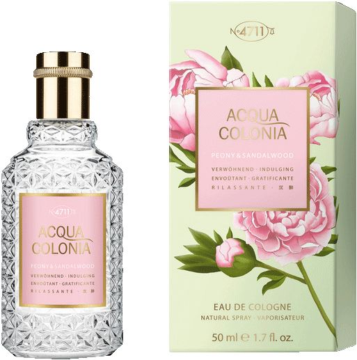 Flakon und Verpackung mit Aufschrift Acqua Colonia Peony & Sandalwood. Flakon mit goldfarbenem Verschluss. Verpackung mit Blütenmotiv.