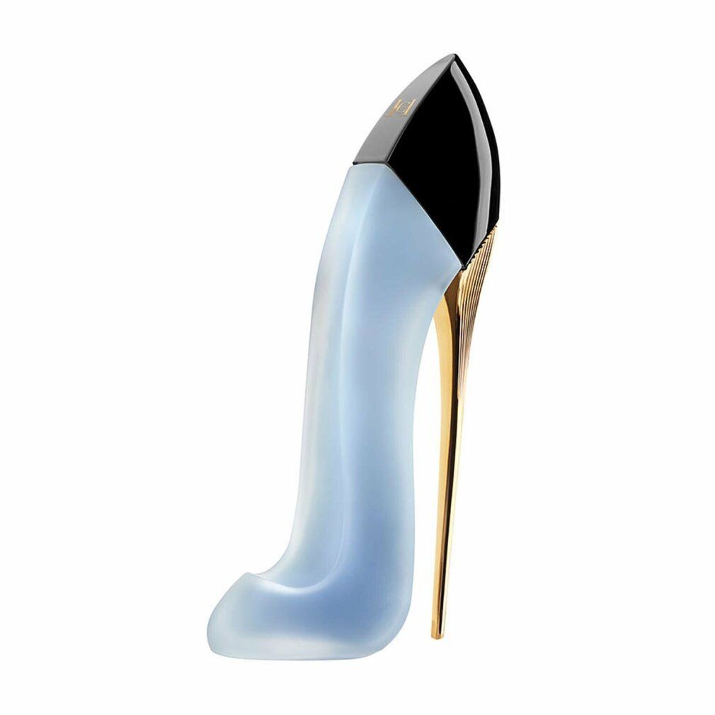 Profumo azzurro a forma di stiletto, tacco dorato, chiusura nera.