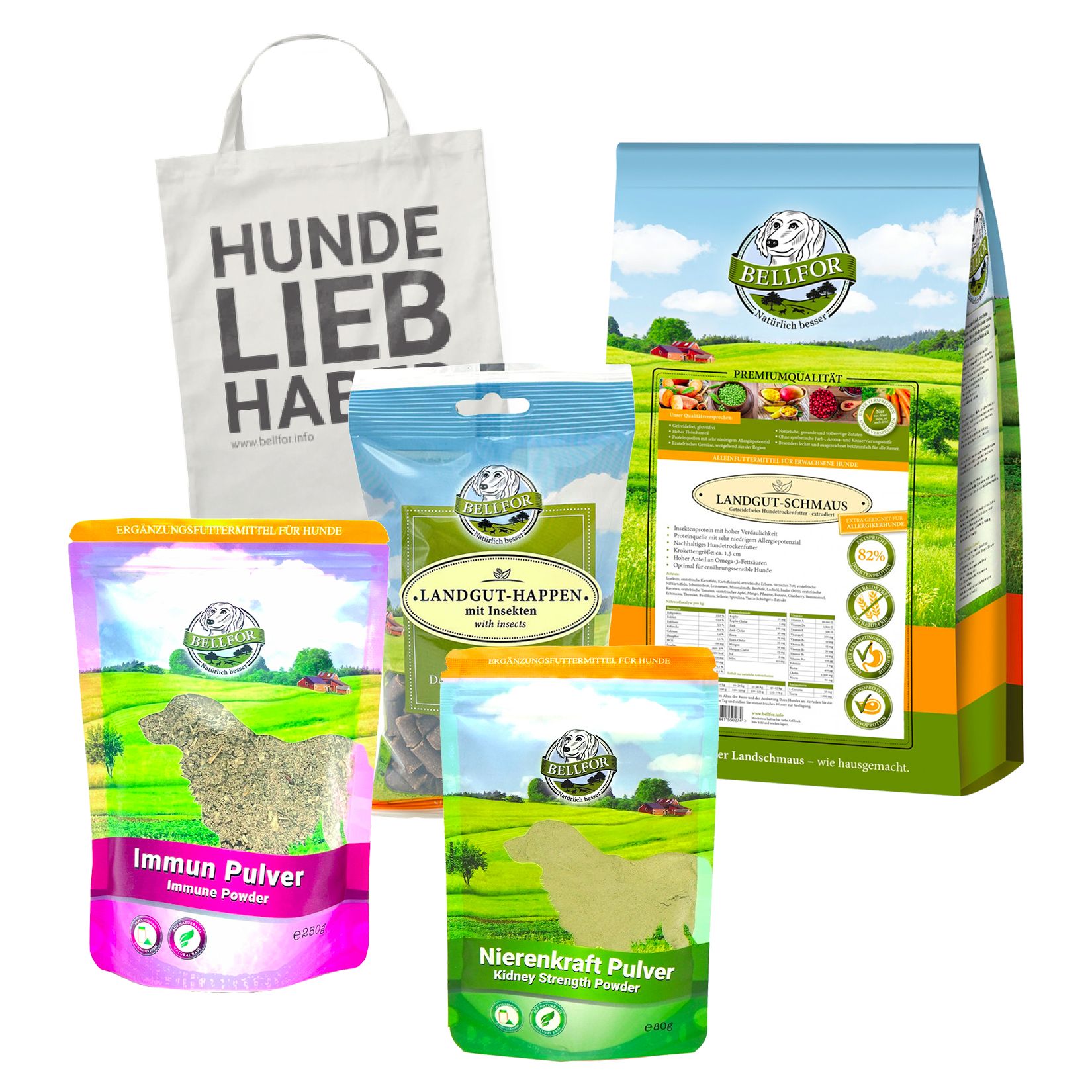 Mehrere Bellfor-Produkte: Trockenfutter-Beutel, Pulver-Beutel, Tragetasche mit Text.