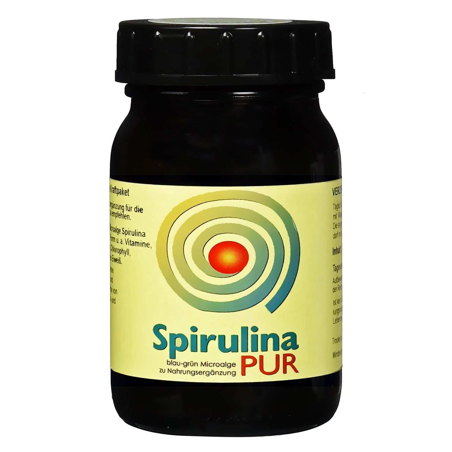 Braune Flasche mit schwarzem Deckel. Aufschrift Spirulina PUR. Gelbes Etikett mit rotem Kreis und grünen Spiralen.