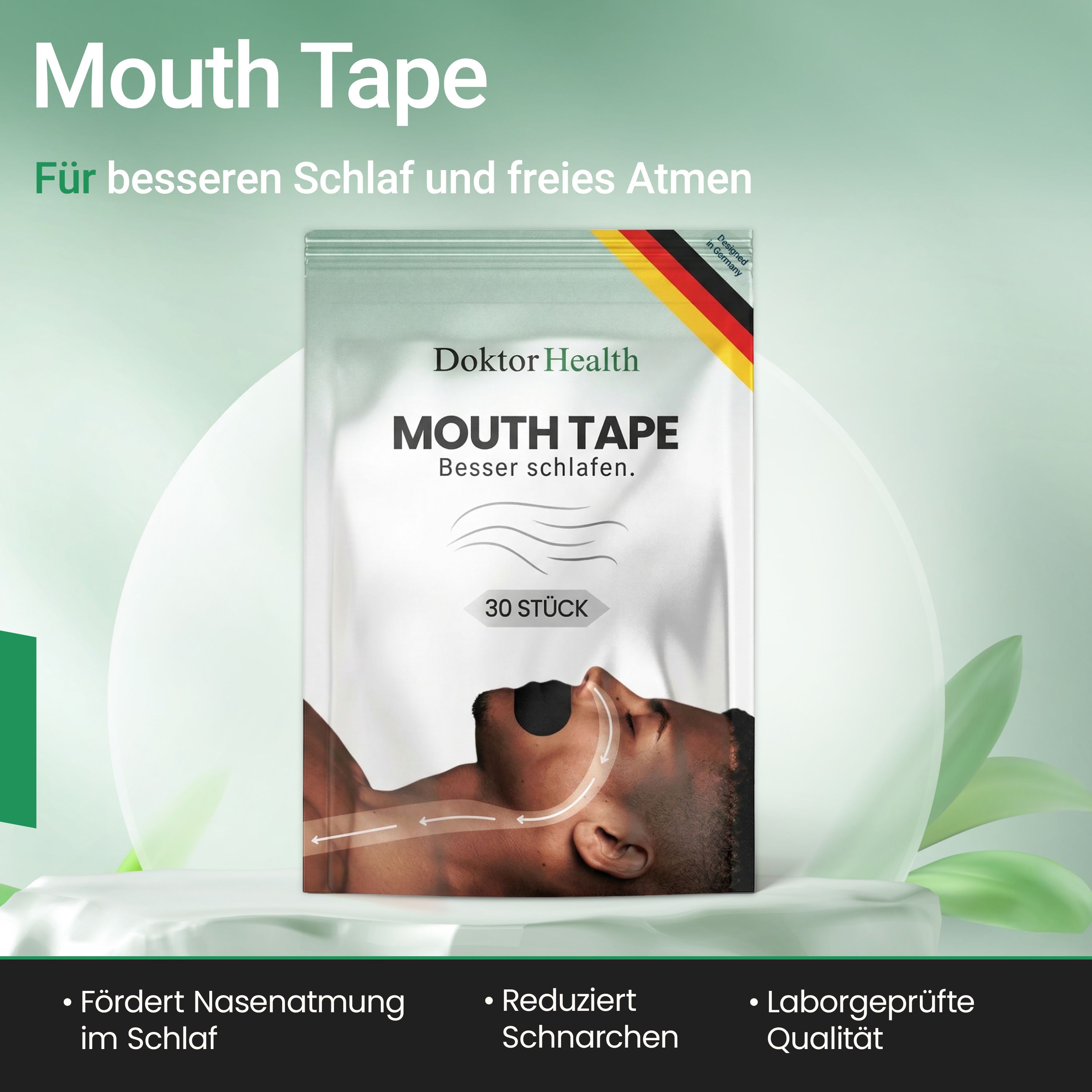 Verpackung von Doktor Health Mundpflaster. Enthält 30 Stück. Text: Mouth Tape, für besseren Schlaf und freies Atmen.