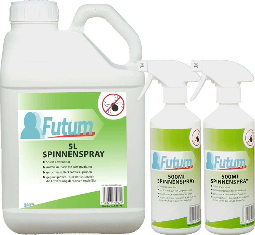 FUTUM Spinnenspray, 5L-Kanister und zwei 500ml Sprühflaschen. Grün-weiße Etiketten mit Produktinformationen und Logo.