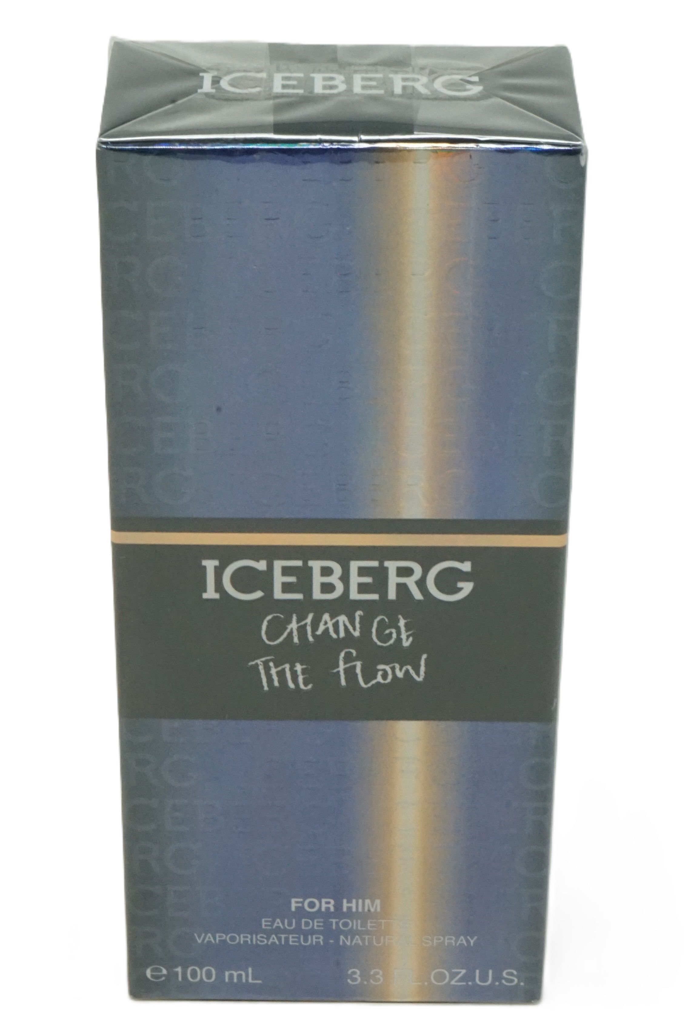Schachtel mit ICEBERG Change The Flow. Schwarzer Streifen mit Text. Unten: FOR HIM, Eau de Toilette, 100 ml.