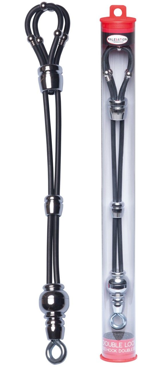 Schwarzes Wellness-Produkt mit doppelter Schlaufe, Metallakzenten und Markenlogo. In Verpackung.