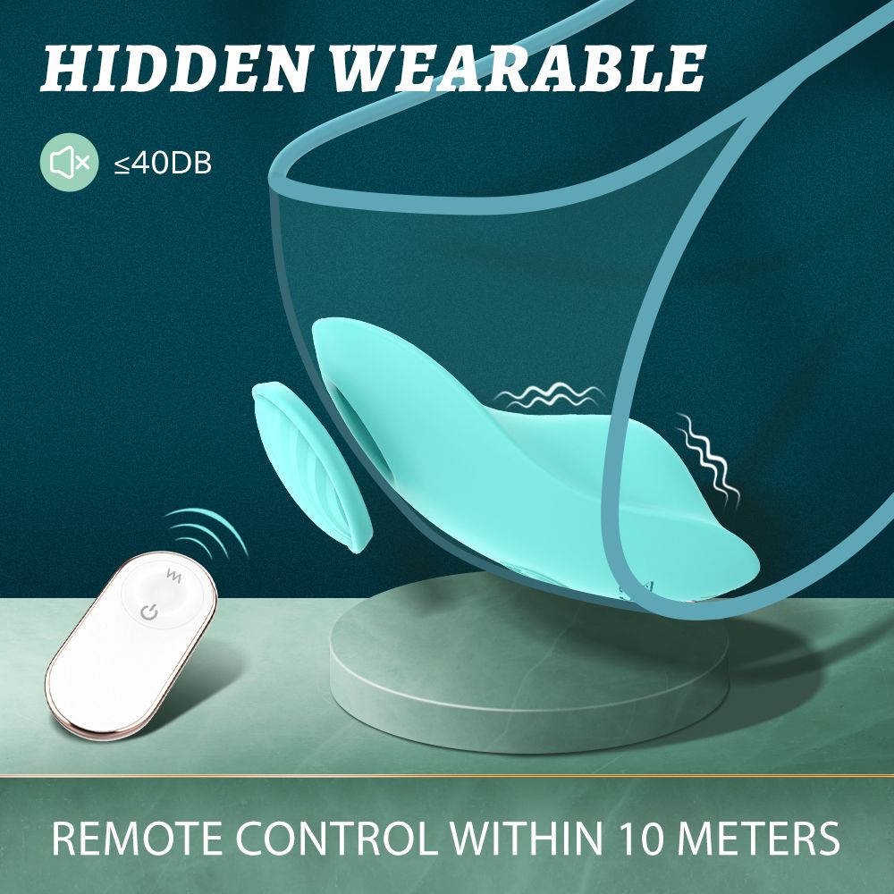 Türkisfarbenes Wellness-Produkt. Mit Fernbedienung. Text: HIDDEN WEARABLE.