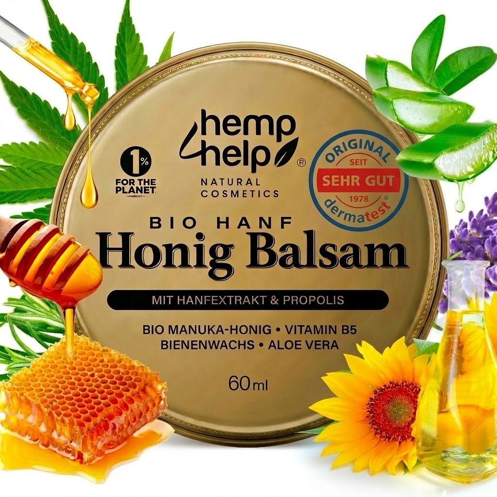 Goldfarbene Dose mit Honigwabe, Hanfblättern und Blüten. Text: Bio Hanf Honig Balsam, mit Hanfextrakt & Propolis. 60ml. Dermatest-Siegel.