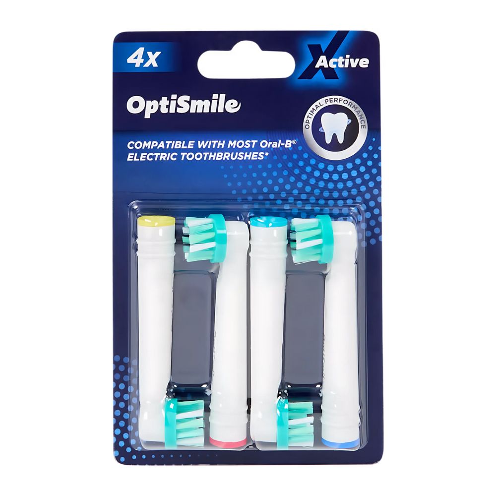 OptiSmile X Active Aufsteckbürsten, 4 Stück in Blisterverpackung. Kompatibel mit Oral-B. Blaue, grüne, rote und gelbe Borsten.