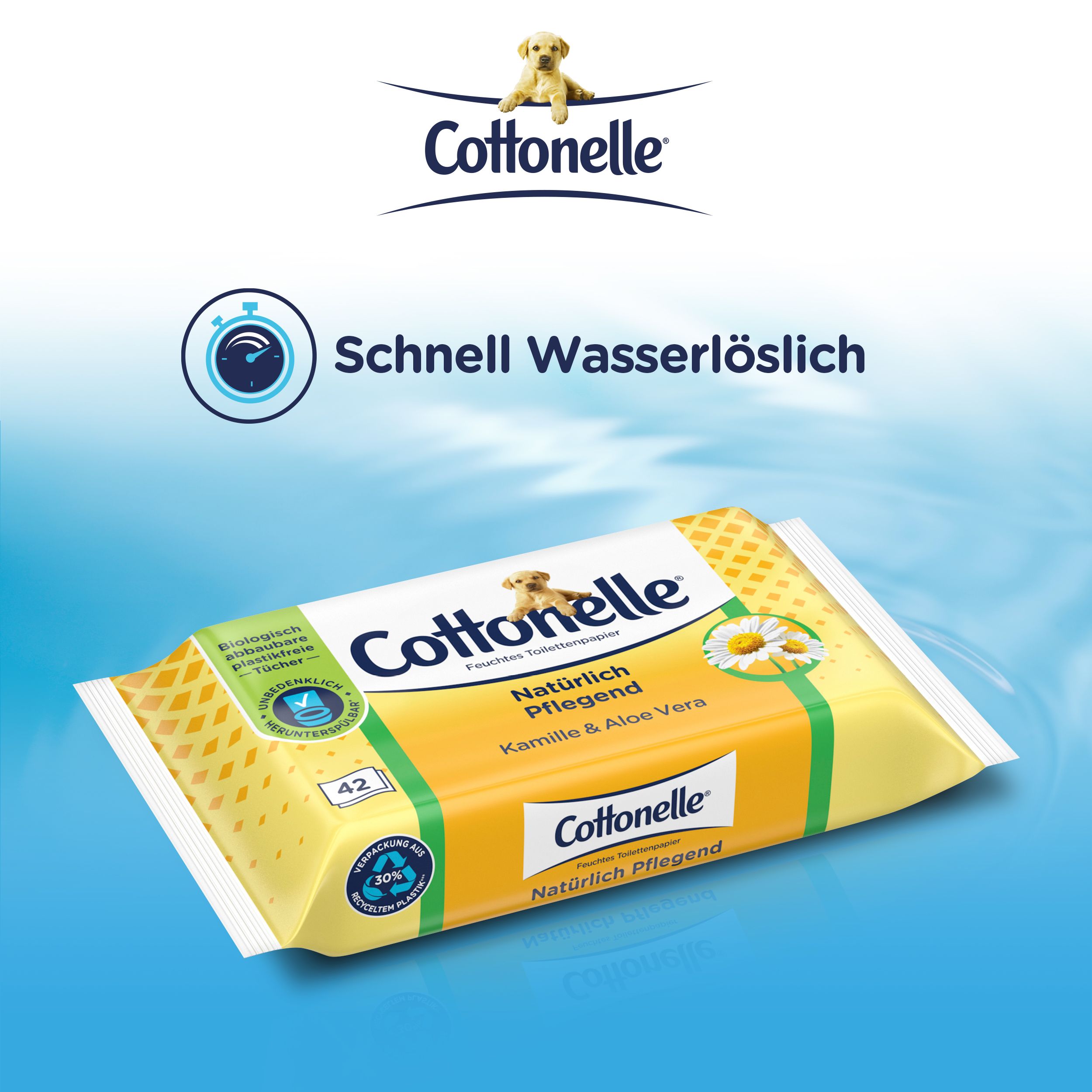 Cottonelle Feuchtes Toilettenpapier. Kamille & Aloe Vera. Schnelle Wasserlöslichkeit. Verpackung mit Logo und Produktinformationen.