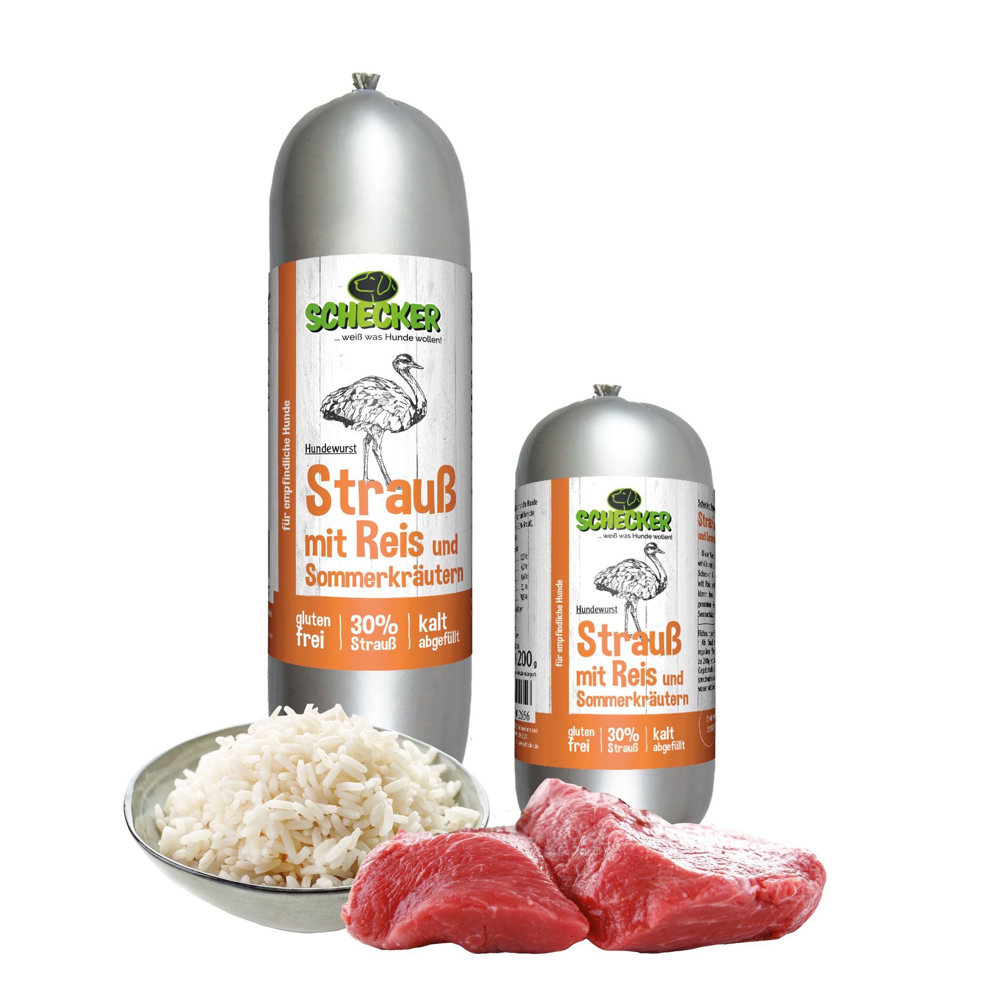 Zwei Würste mit Etikett. Daneben Reis und Fleischstücke. Aufschrift: Strauß mit Reis und Sommerkräutern, 30% Strauß, glutenfrei.