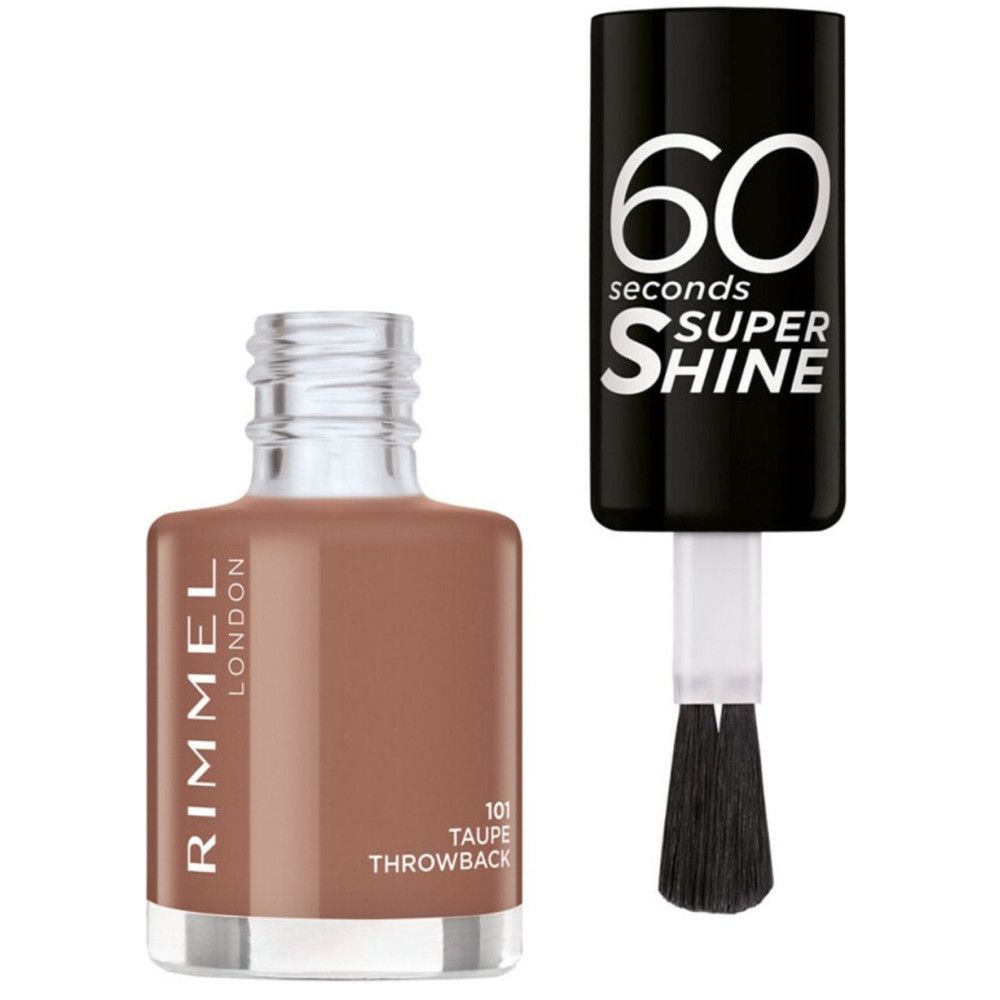 Nagellackflasche mit Pinsel. Farbe: Taupe. Aufschrift: Rimmel London, 60 Seconds Super Shine.