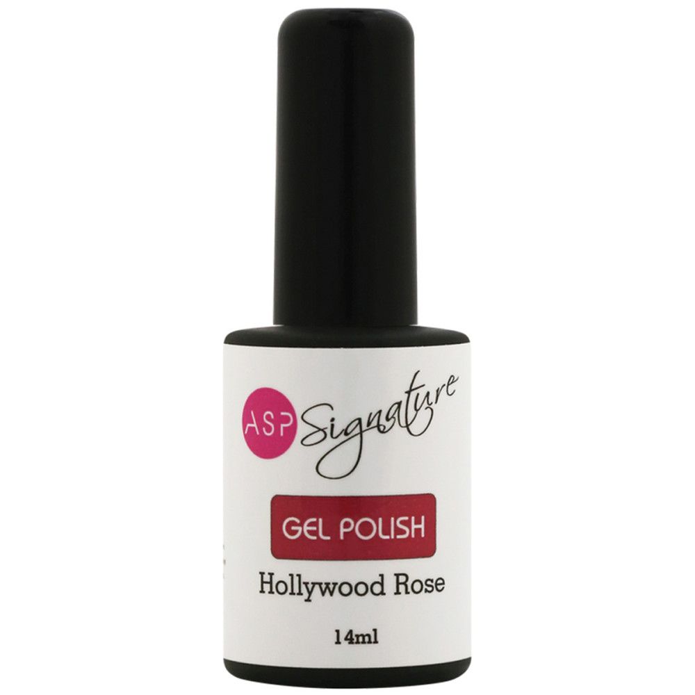 Nagellackflasche mit schwarzem Deckel. Etikett mit ASP Signature, Gel Polish, Hollywood Rose, 14ml.