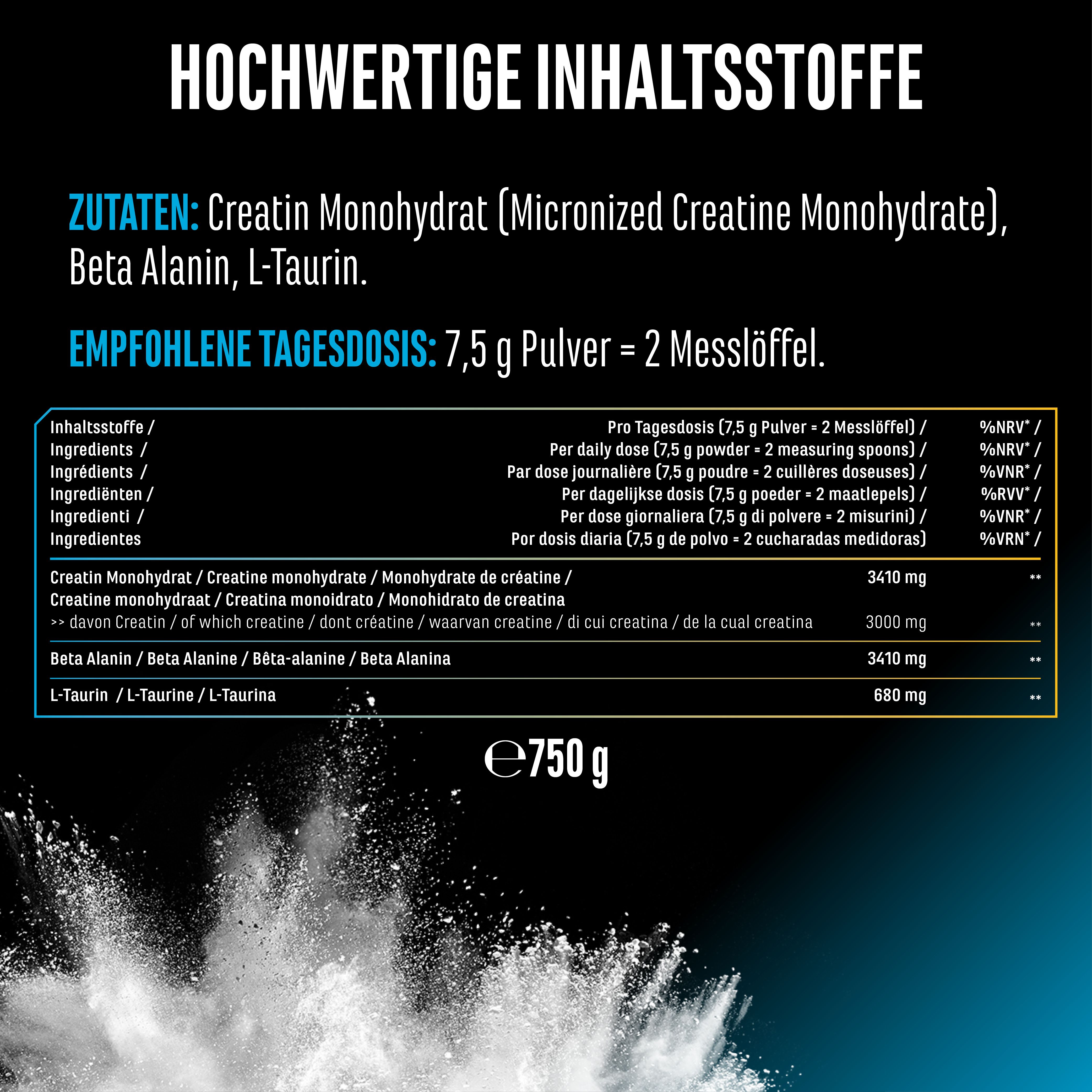 Text mit Zutaten und Dosierung. Zutaten: Creatin Monohydrat, Beta Alanin, L-Taurin. Empfohlene Tagesdosis: 7,5 g Pulver = 2 Messlöffel.