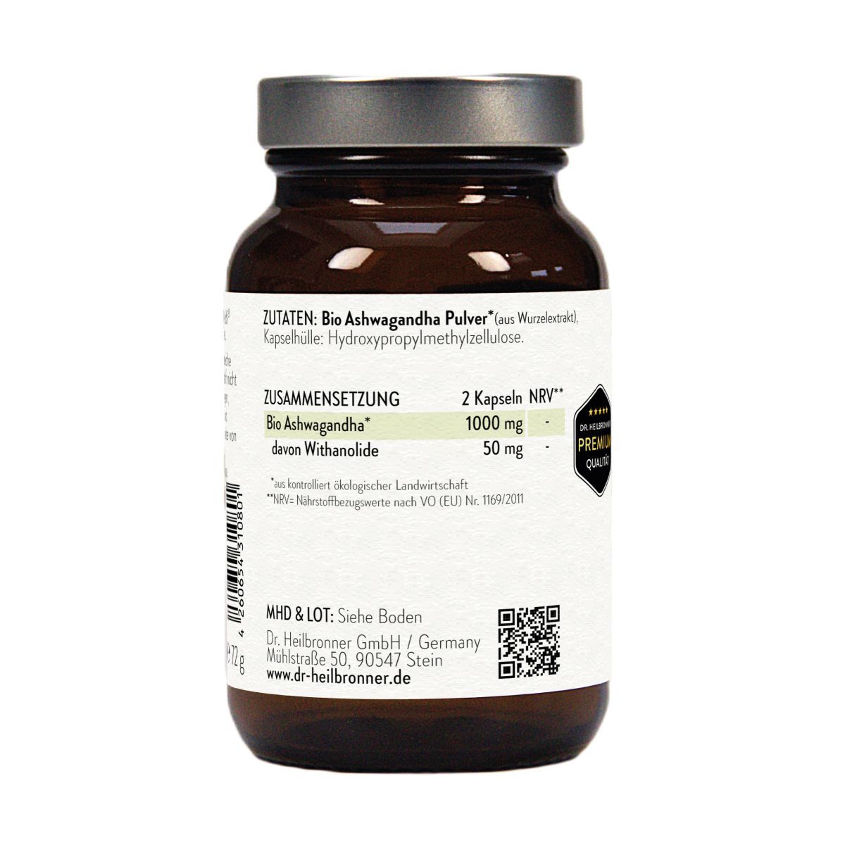 Braune Glasflasche mit Schraubverschluss. Etikett mit Inhaltsstoffen und Nährwertangaben. QR-Code und Herstellerinformationen.