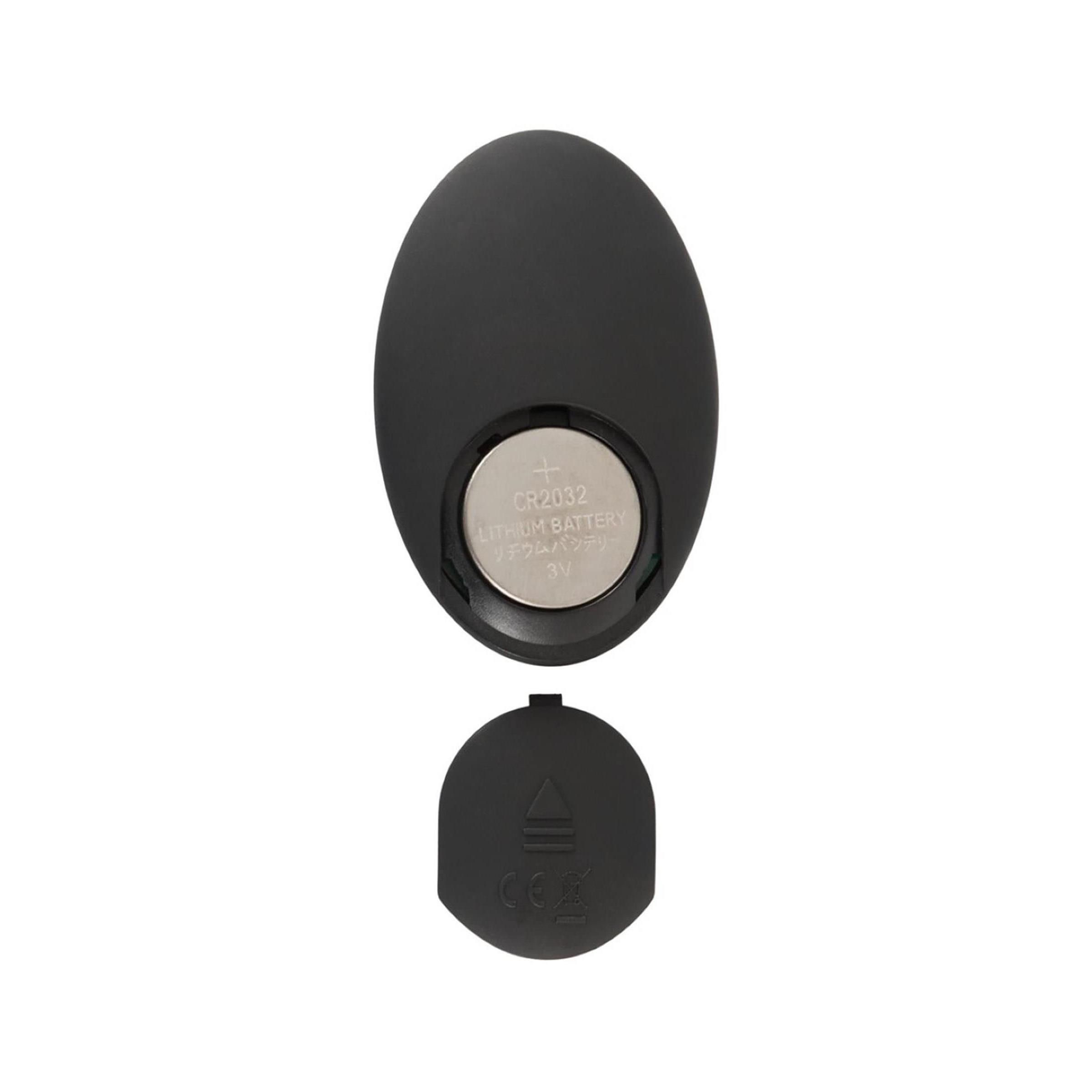 Rückseite einer schwarzen Fernbedienung. Batteriefach geöffnet, Batterie sichtbar. Schwarze Abdeckung.