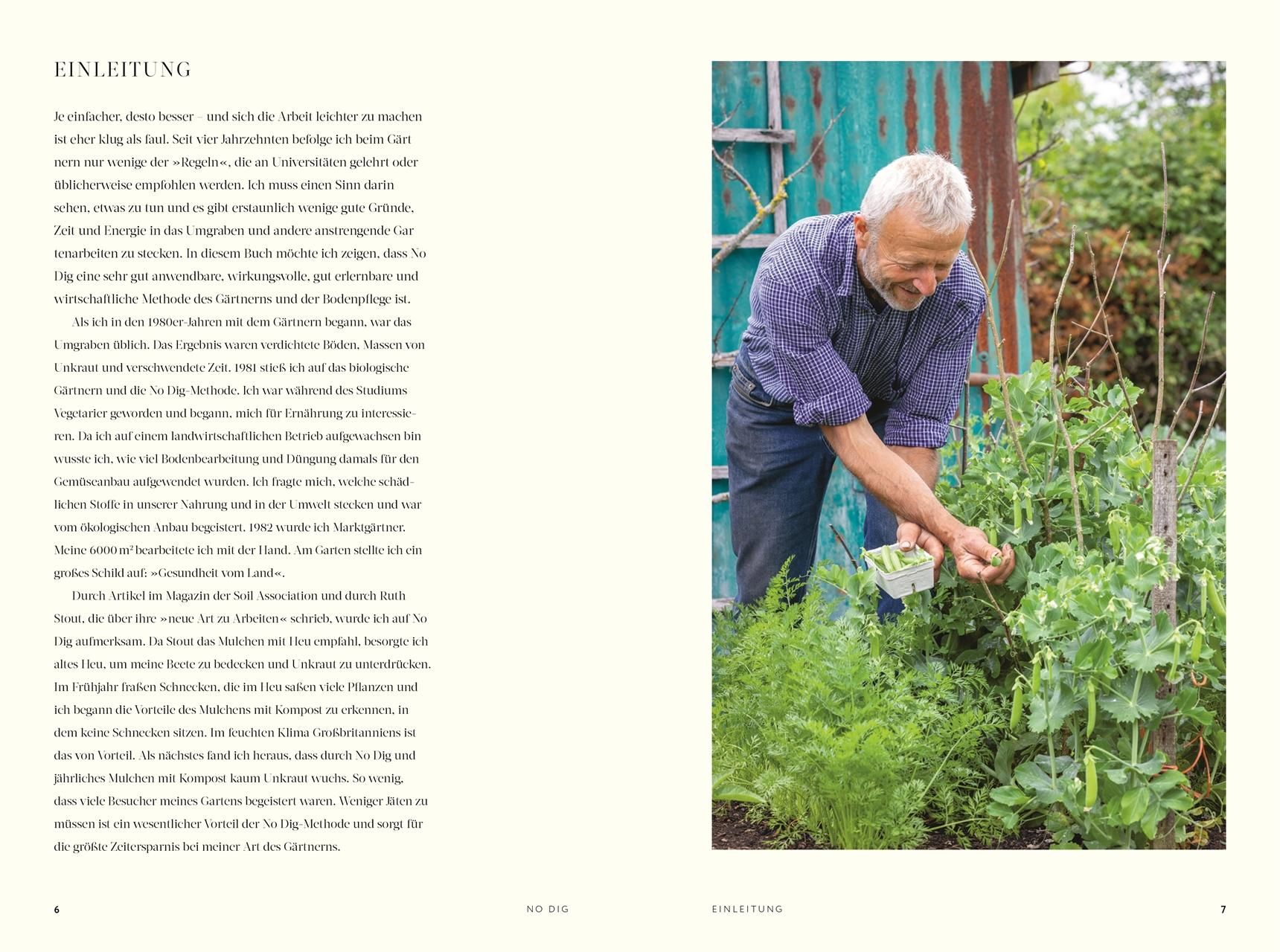 Buchseite: Mann im Garten beim Ernten von Erbsen. Text in deutscher Sprache. Illustrationen und Fotos.