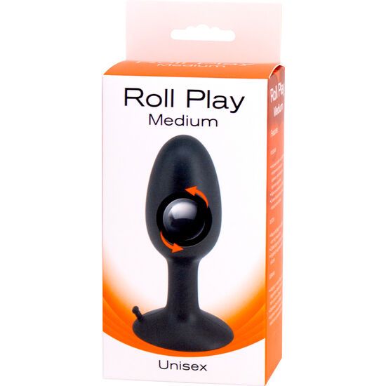 Schwarzes, Unisex-Produkt in Verpackung. Aufschrift "Roll Play Medium". Produkt mit Kugel und Pfeil-Symbolen. Orangefarbener Hintergrund.