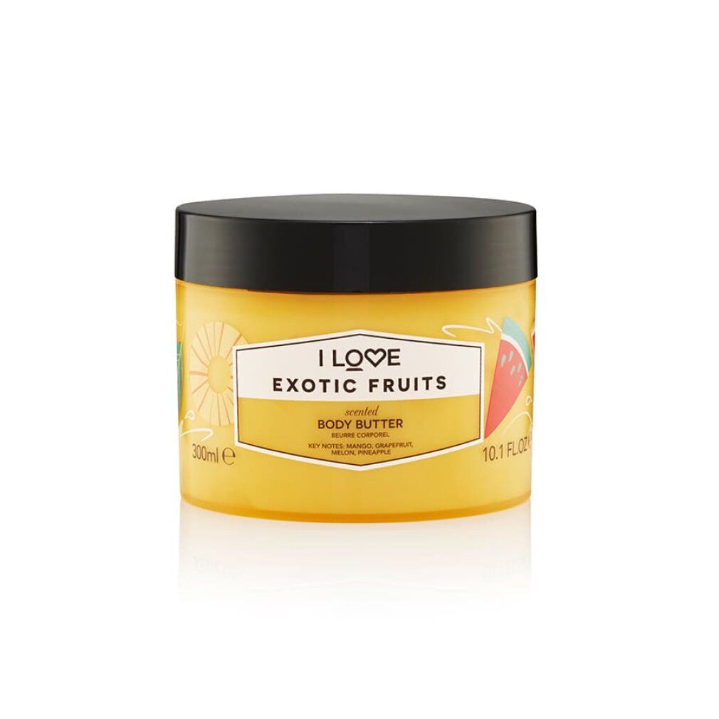Gelbes Creme-Glas mit schwarzem Deckel. Aufschrift: I LOVE EXOTIC FRUITS, Body Butter. Mit Frucht-Illustrationen.