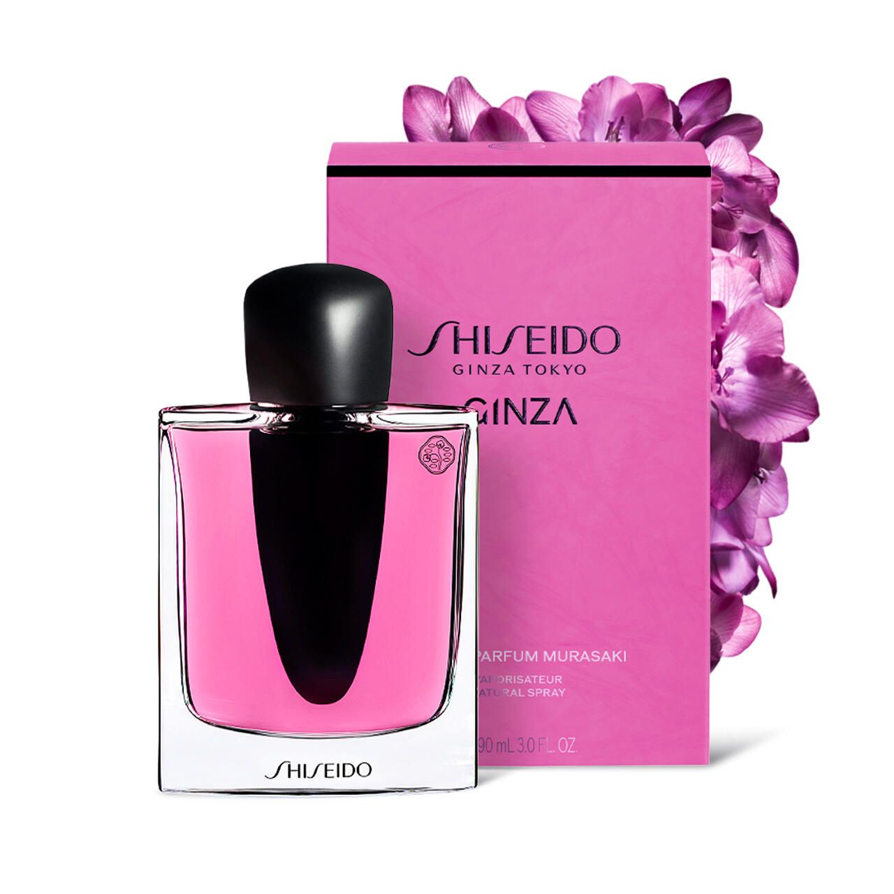 Rosa Schachtel und Flakon. Auf der Schachtel steht SHISEIDO GINZA TOKYO. Flakon mit schwarzem Verschluss.