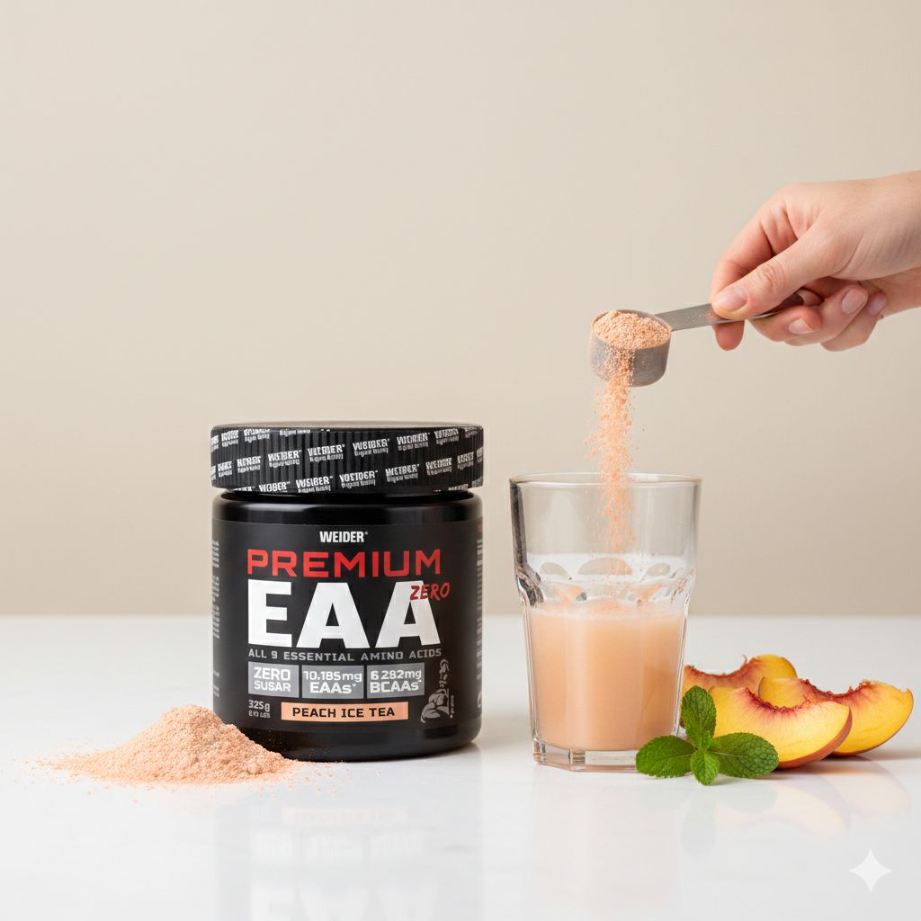 Weider Premium EAA Zero Peach Ice Tea Dose mit Glas und Pfirsichstücken. Pulver wird in Glas geschüttet.