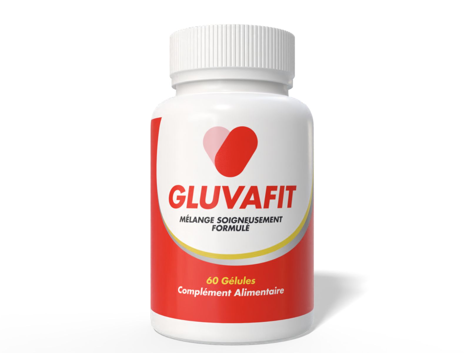 Weiße Flasche mit rotem Etikett. Aufschrift GLUVAFIT, 60 Gelules, Ergänzungsmittel. Herz-Logo.