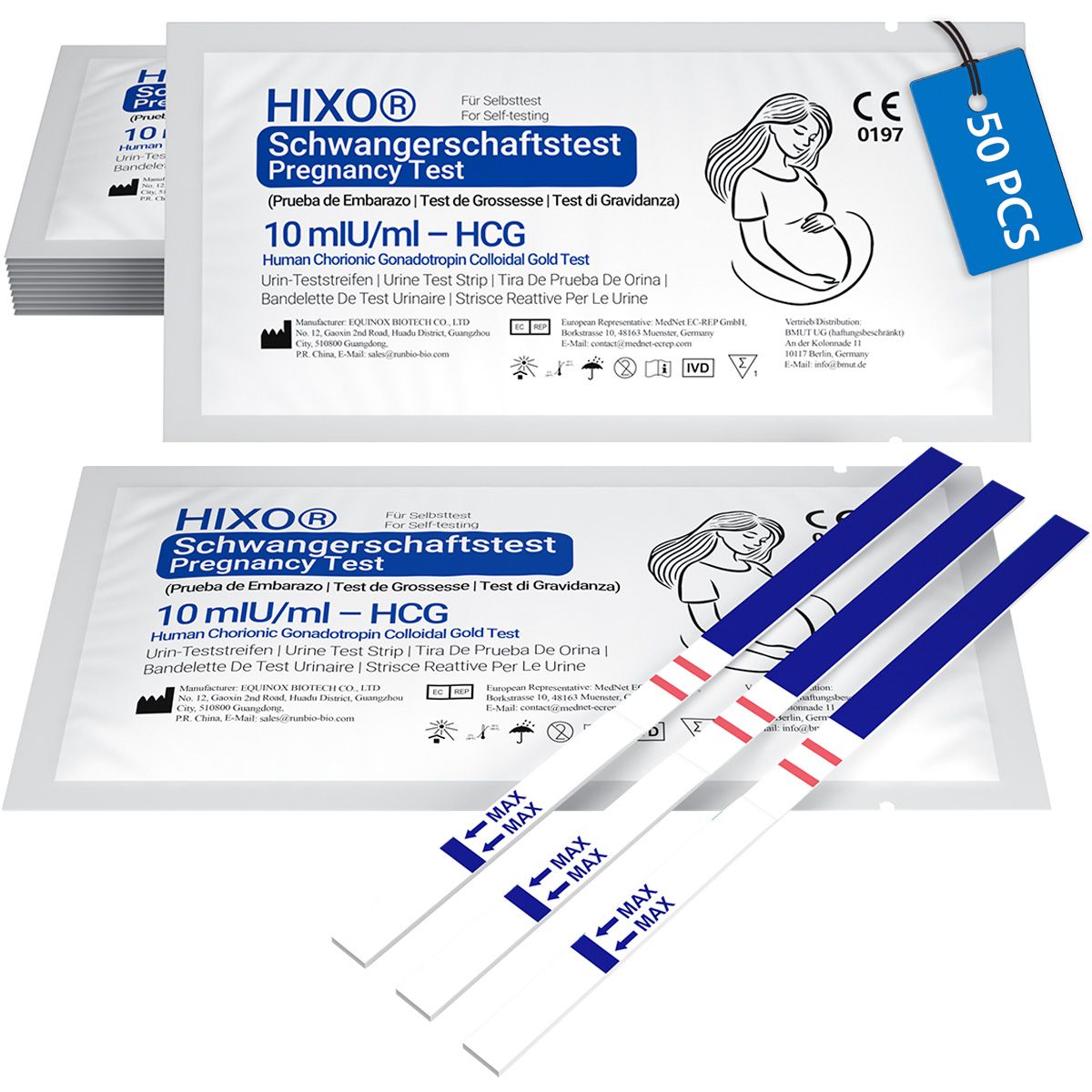 Packungen und Teststreifen. HIXO Schwangerschaftstest Ultrafrüh 10 mIU/ml. 50 Stück. Streifen mit blauen Griffen und roten Linien.