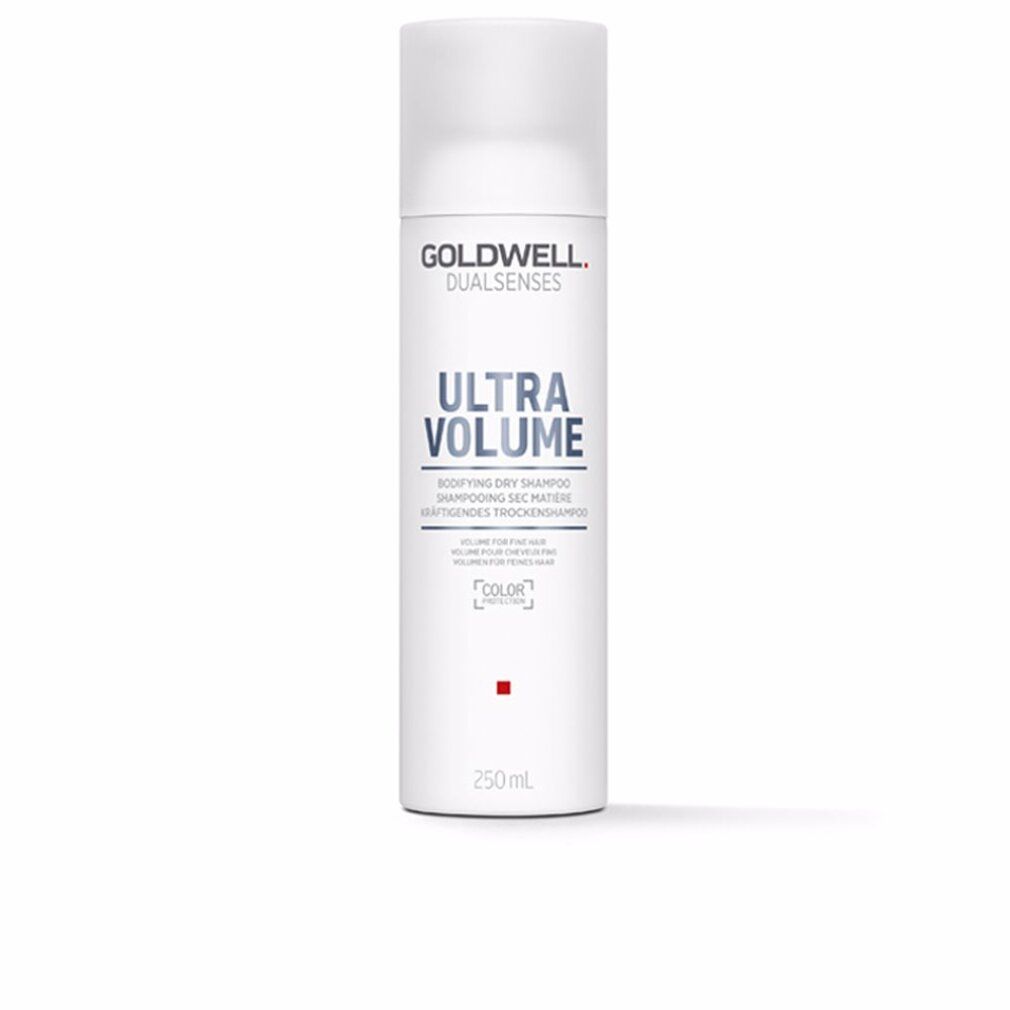 Weißes Trockenshampoo-Spray. Aufschrift: GOLDWELL DUALSENSES, ULTRA VOLUME, 250ml. Roter Punkt unten.