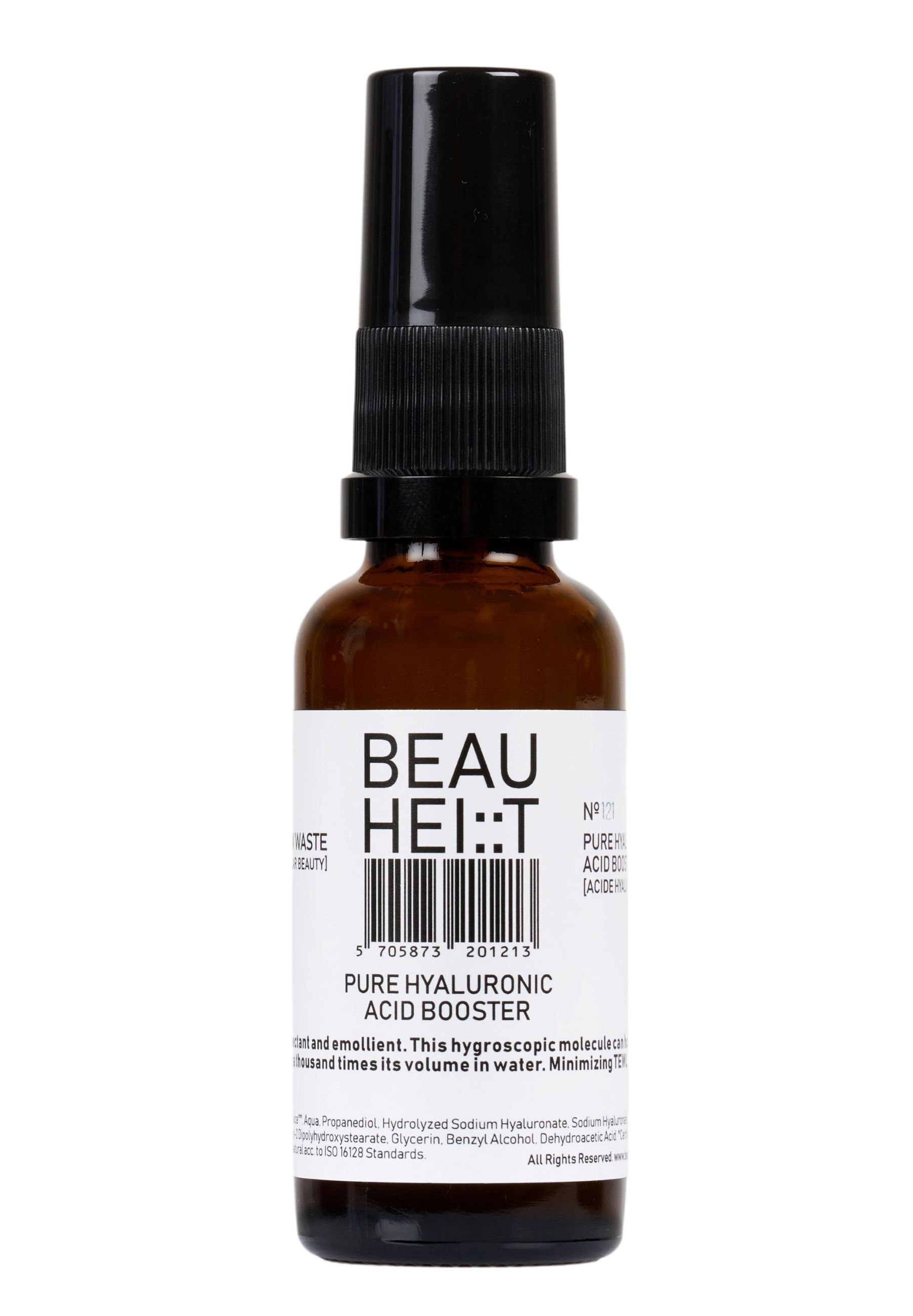 Braune Glasflasche mit schwarzem Sprühkopf. Etikett mit Produktinformationen und Barcode. "BEAUHEIT" und "Pure Hyaluronic Acid Booster" sichtbar.
