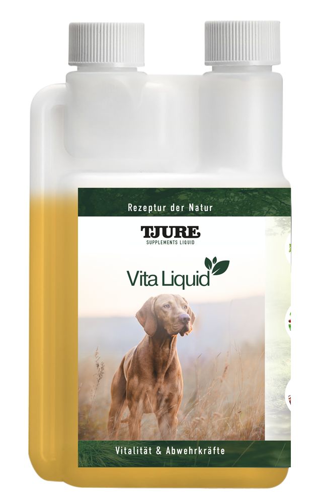 Flasche mit gelber Flüssigkeit. Aufschrift: Tjure Vita Liquid. Abbildung eines Hundes. Text: Vitalität & Abwehrkräfte.