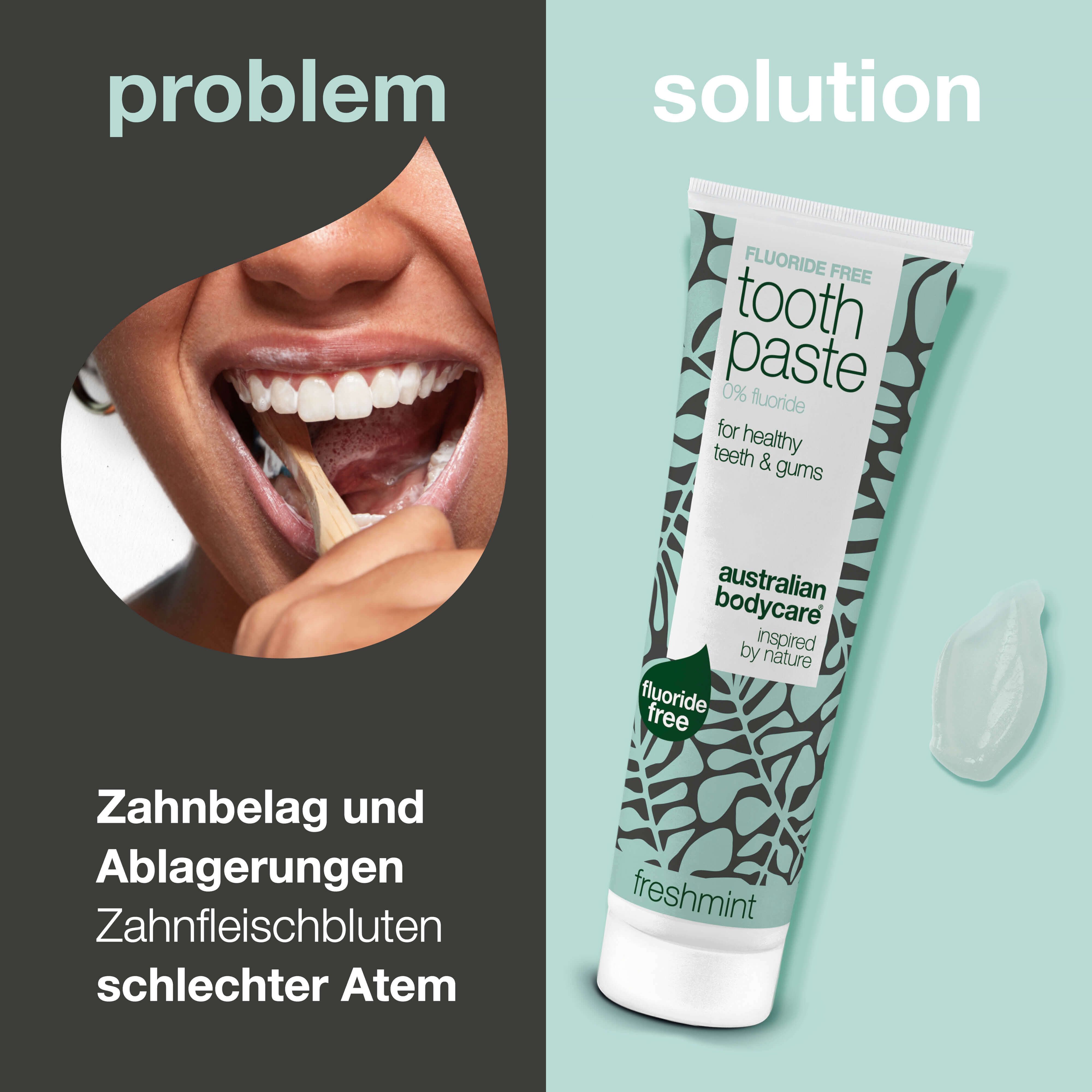 Zahnpasta-Tube neben Mund mit Zahnbürste. Aufschrift: Fluoride Free, Toothpaste, 0% fluoride, für gesunde Zähne & Zahnfleisch.