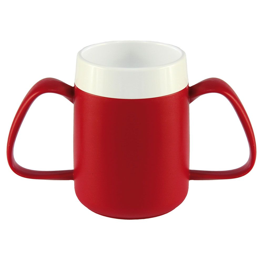 Becher mit zwei Henkeln, rot, weißer Rand. Ergo Vital 815.