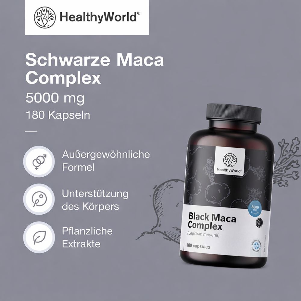 Flasche mit Kapseln, Text: Schwarze Maca Complex 5000 mg, 180 Kapseln. Logo: HealthyWorld. Inhaltsstoffe.